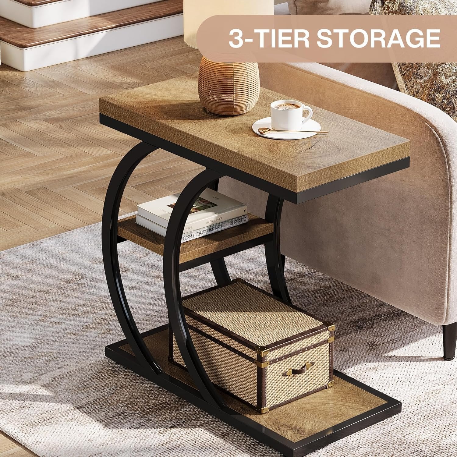 60 cm 3-stöckiger Beistelltisch, C-Form Industriedesign Seitentisch mit Stauraum in Naturholz