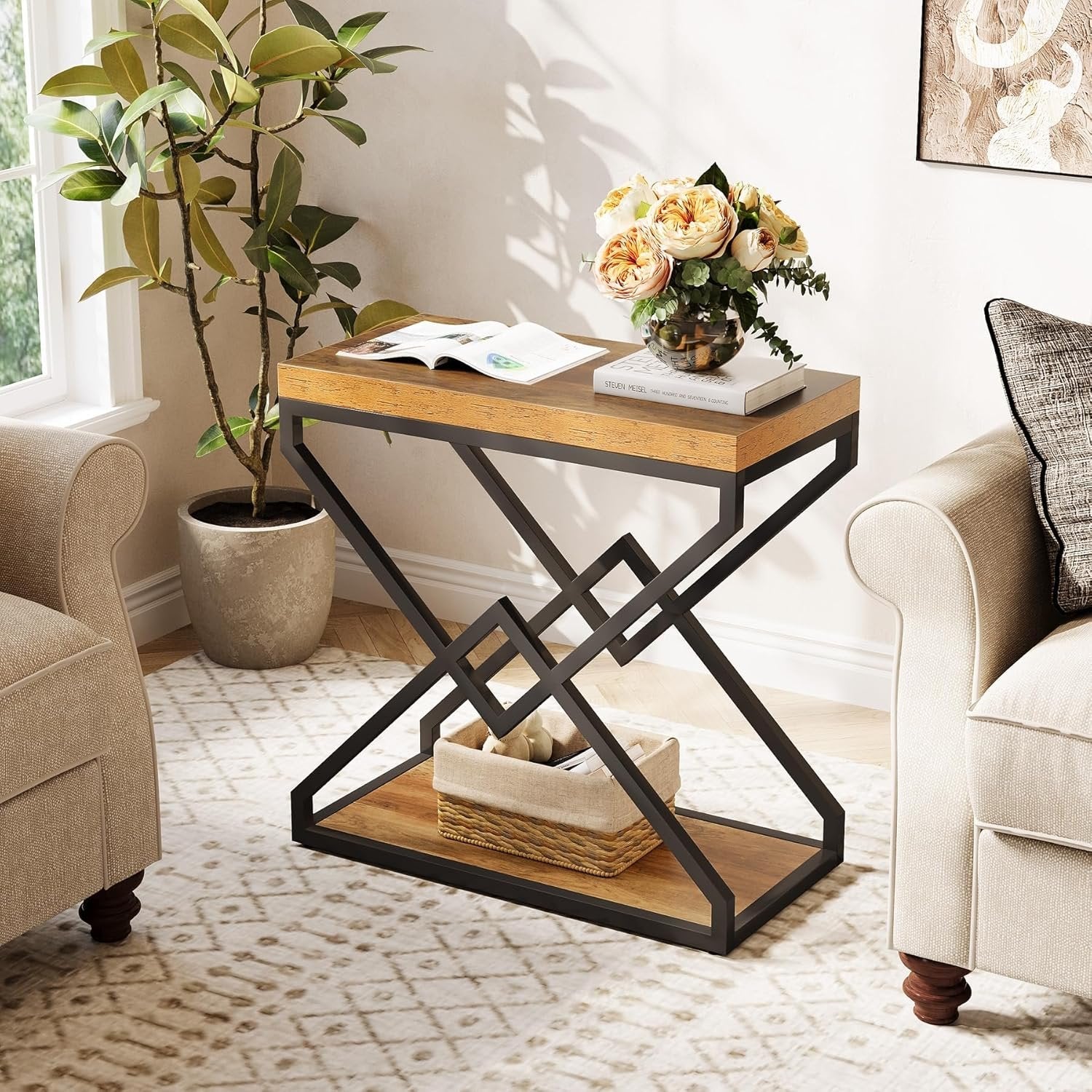 Moderner Beistelltisch mit Stauraum, robustes X-Form Metallgestell in Braun und Schwarz fuer Wohnzimmer und Schlafzimmer