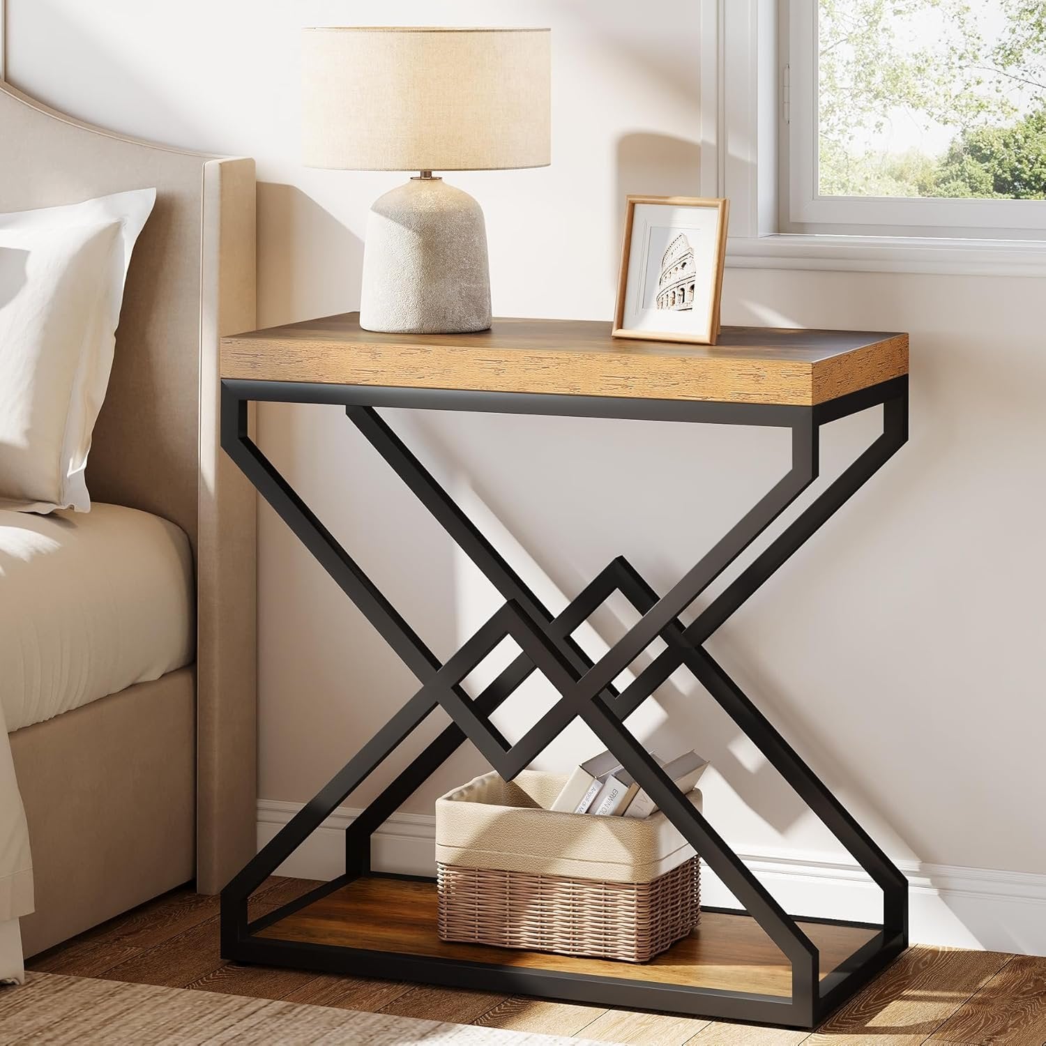 Moderner Beistelltisch mit Stauraum, robustes X-Form Metallgestell in Braun und Schwarz fuer Wohnzimmer und Schlafzimmer