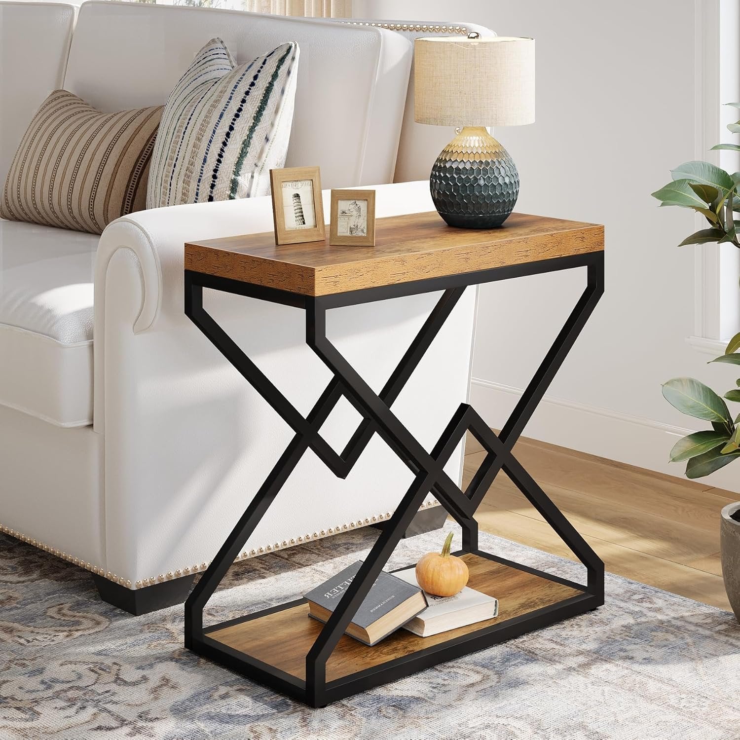 Moderner Beistelltisch mit Stauraum, robustes X-Form Metallgestell in Braun und Schwarz fuer Wohnzimmer und Schlafzimmer