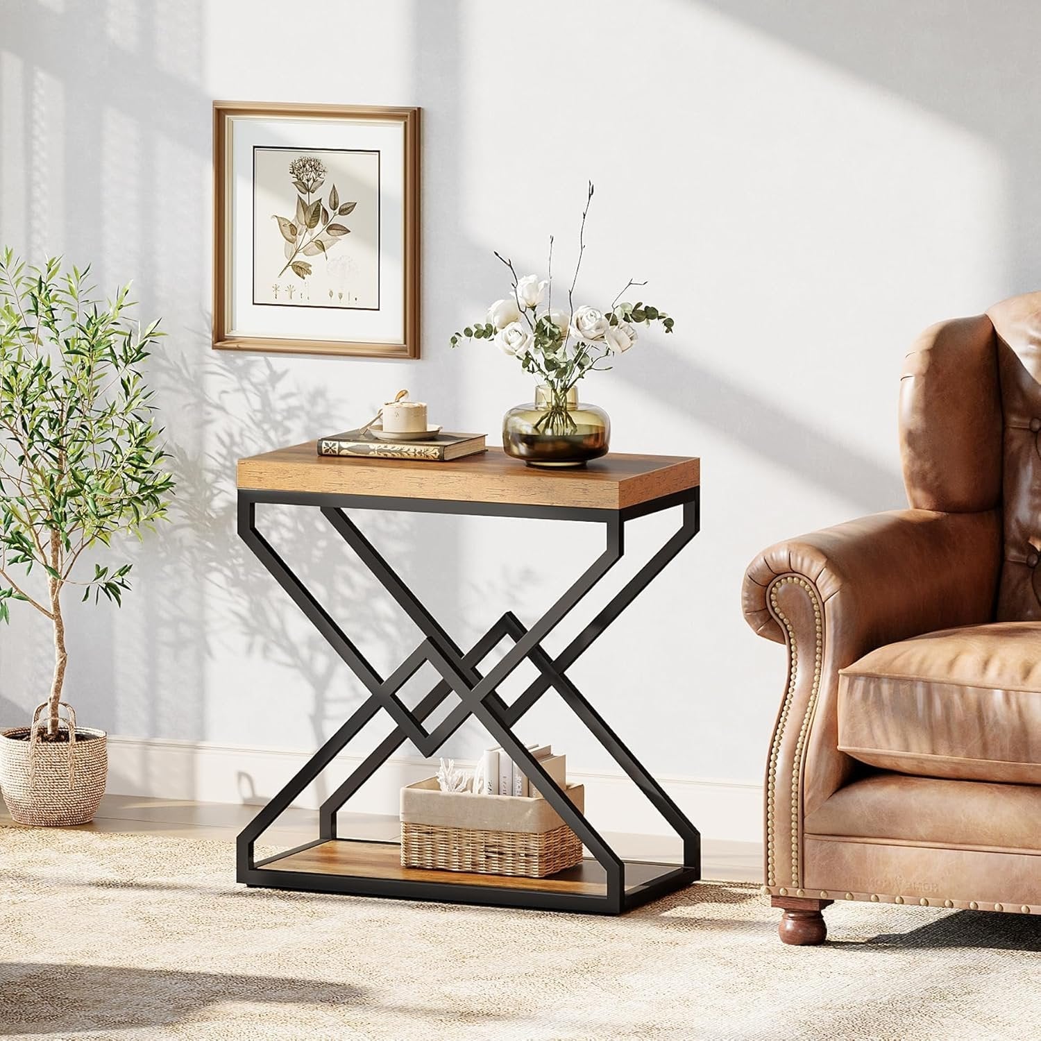 Moderner Beistelltisch mit Stauraum, robustes X-Form Metallgestell in Braun und Schwarz fuer Wohnzimmer und Schlafzimmer