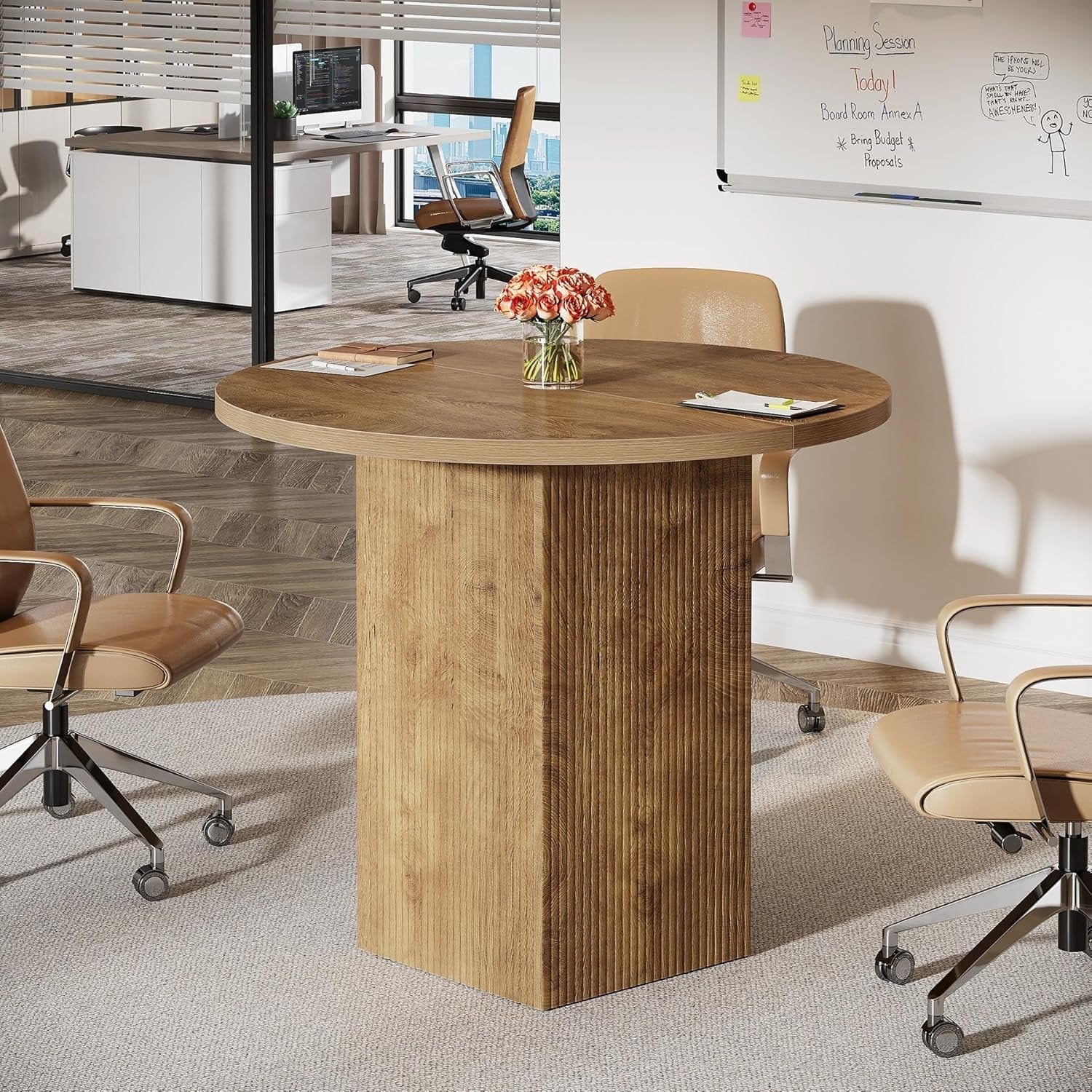 80 cm Runder Konferenztisch, Bürotisch mit geriffeltem Sockel in Braun für kleine Räume