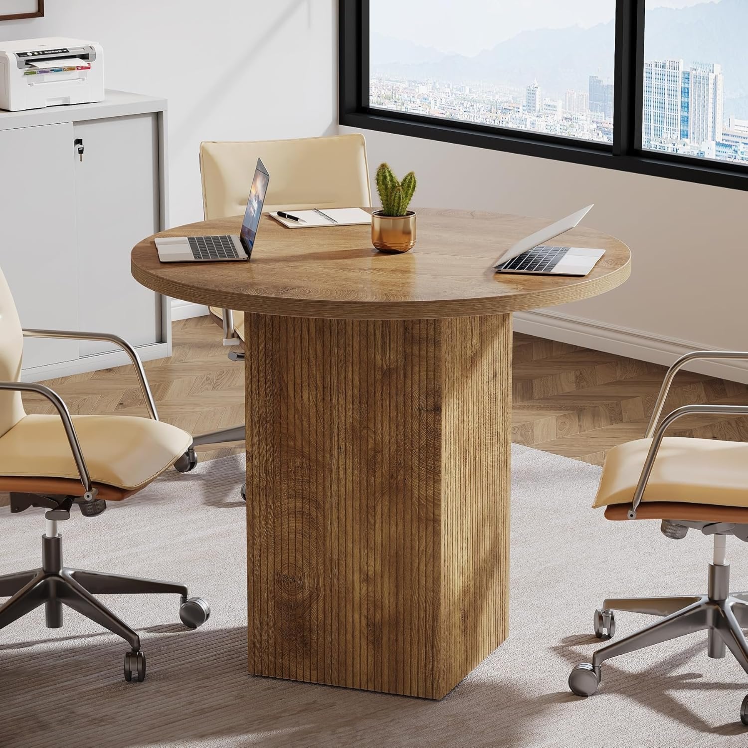 80 cm Runder Konferenztisch, Bürotisch mit geriffeltem Sockel in Braun für kleine Räume