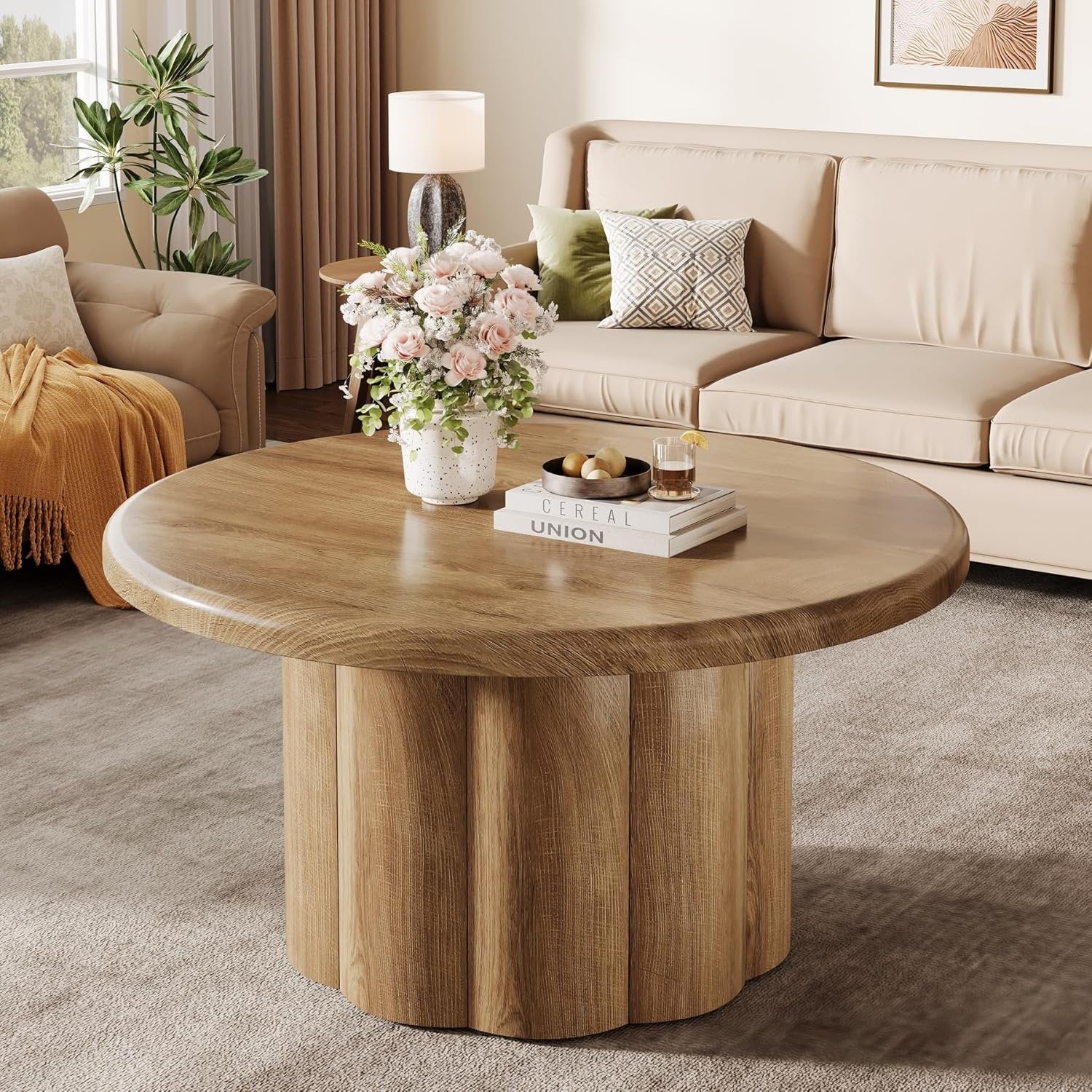 80 cm Couchtisch Rund, Landhaus Design Wohnzimmertisch mit Riffelbasis in Braun