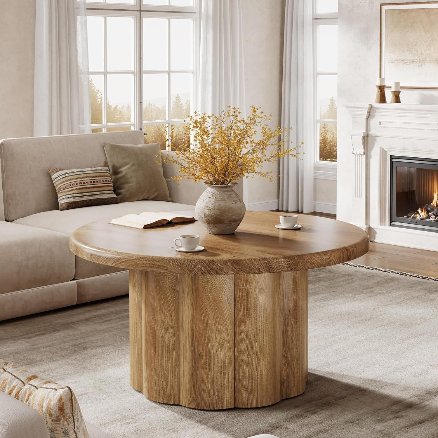 80 cm Couchtisch Rund, Landhaus Design Wohnzimmertisch mit Riffelbasis in Braun