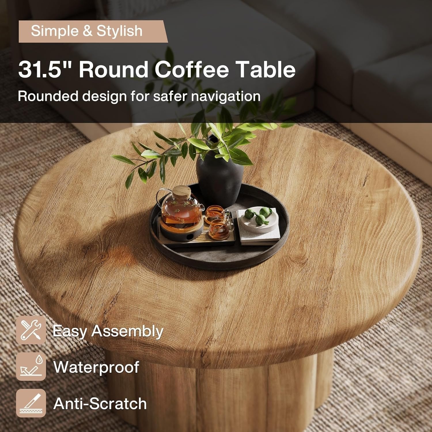 80 cm Couchtisch Rund, Landhaus Design Wohnzimmertisch mit Riffelbasis in Braun