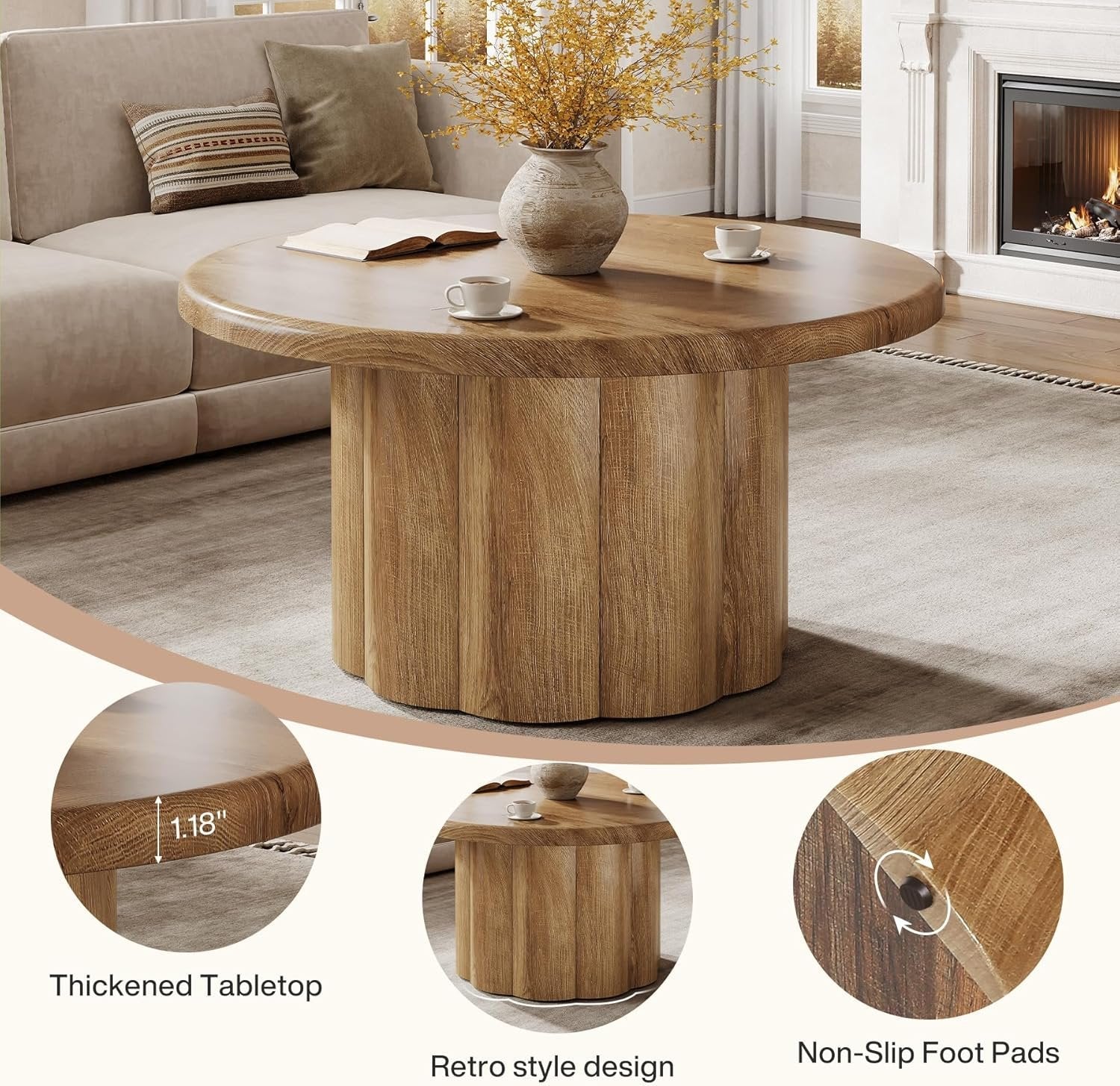 80 cm Couchtisch Rund, Landhaus Design Wohnzimmertisch mit Riffelbasis in Braun