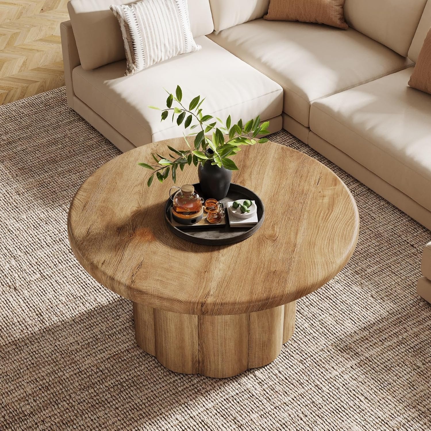80 cm Couchtisch Rund, Landhaus Design Wohnzimmertisch mit Riffelbasis in Braun