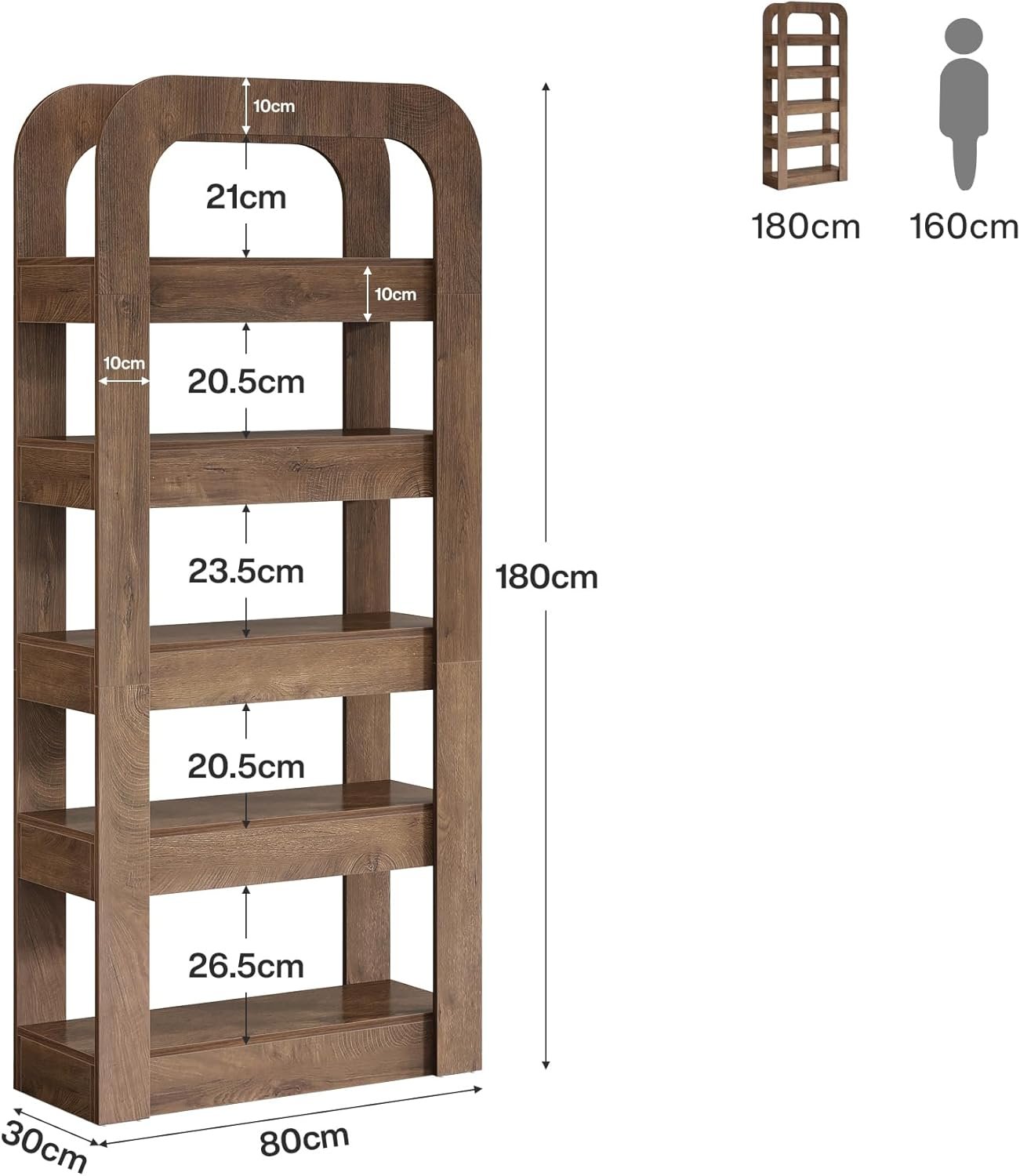 180 cm Hochregal mit 5 offenen Fächern, Industriestil Bücherregal für Wohnzimmer, Schlafzimmer und Büro