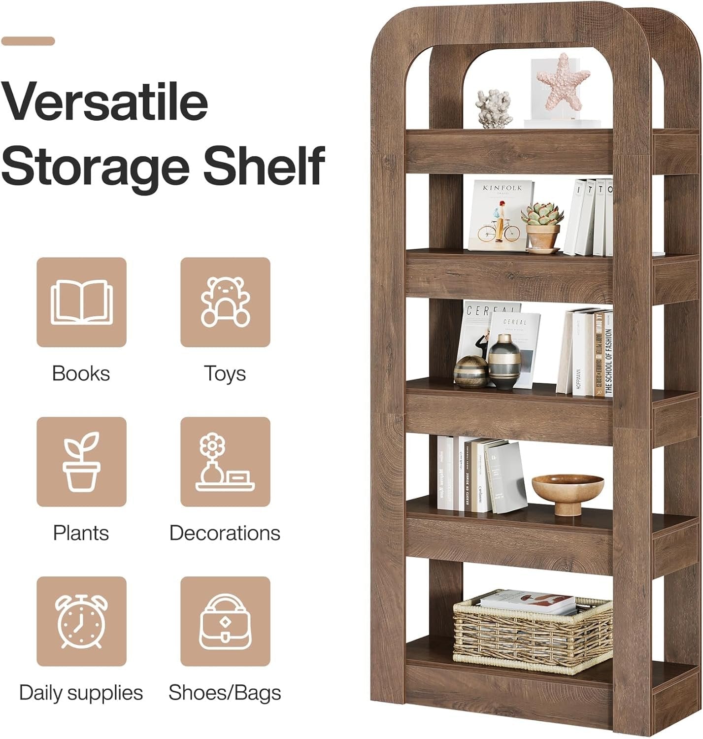 180 cm Hochregal mit 5 offenen Fächern, Industriestil Bücherregal für Wohnzimmer, Schlafzimmer und Büro