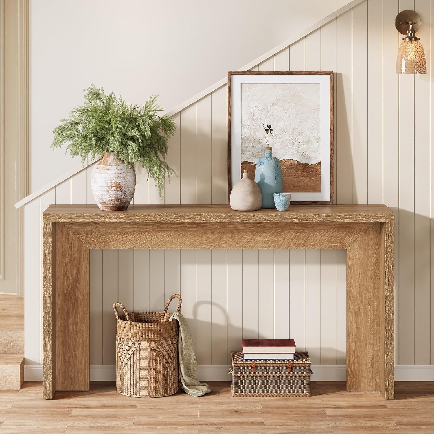 Tribesigns 140 cm Farmhouse-Konsolentisch mit Stauraum, Rustikaler brauner Sofatisch