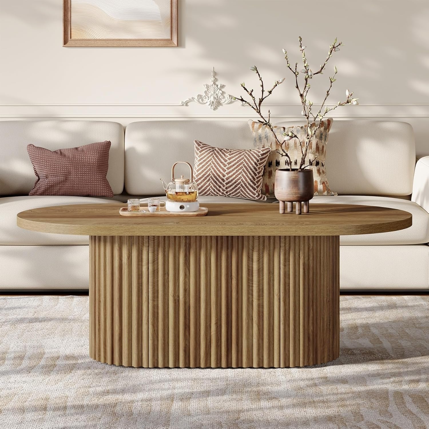 Ovaler 120 cm Couchtisch aus Holz, Rustikaler Sofatisch mit Rillenstruktur
