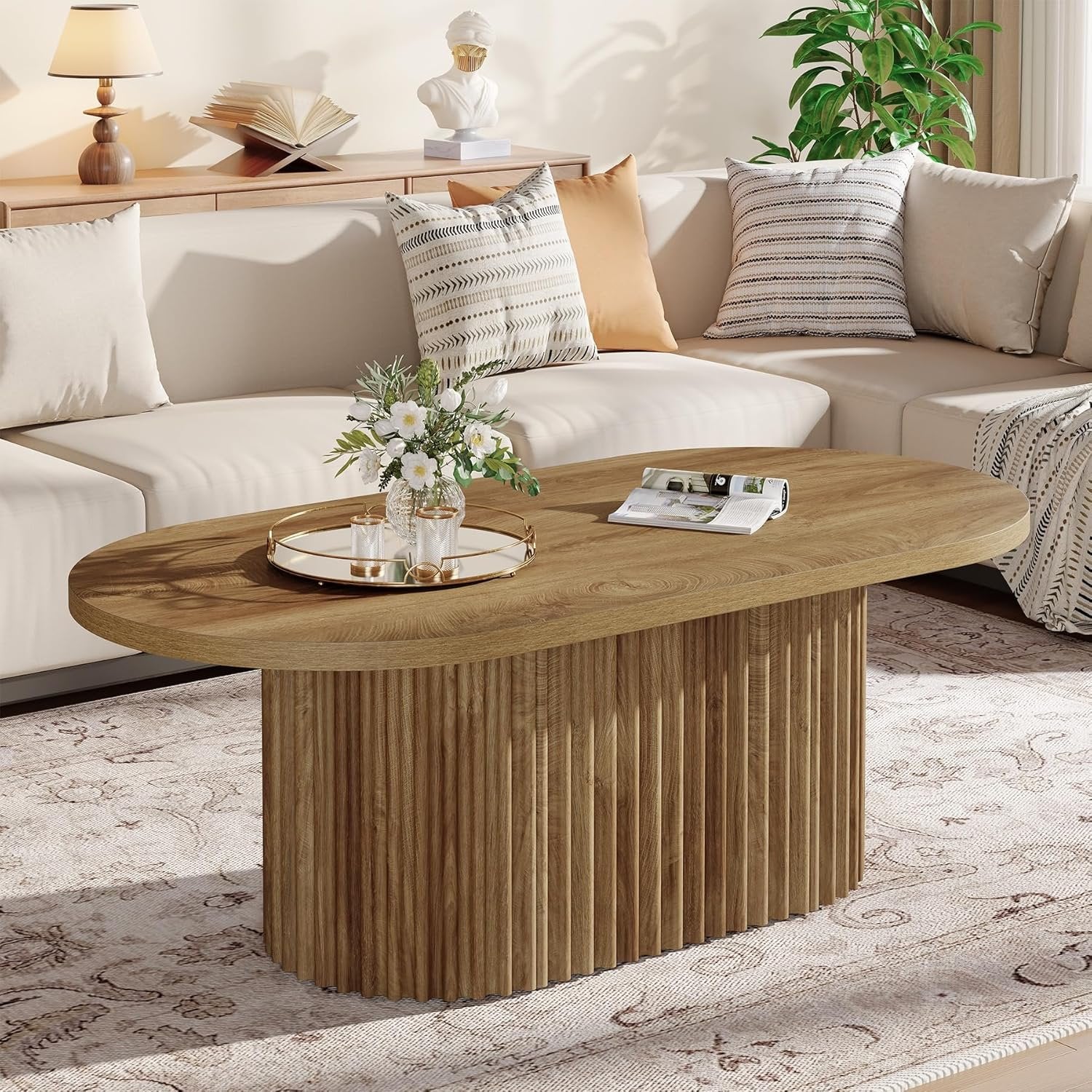 Ovaler 120 cm Couchtisch aus Holz, Rustikaler Sofatisch mit Rillenstruktur