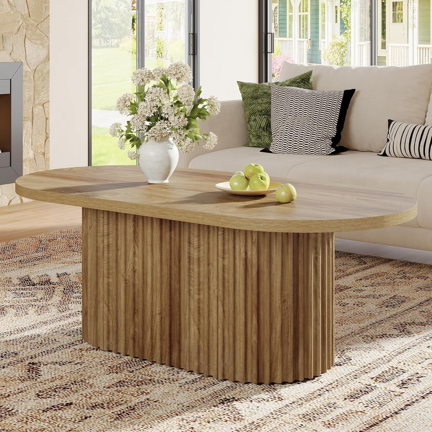 Ovaler 120 cm Couchtisch aus Holz, Rustikaler Sofatisch mit Rillenstruktur
