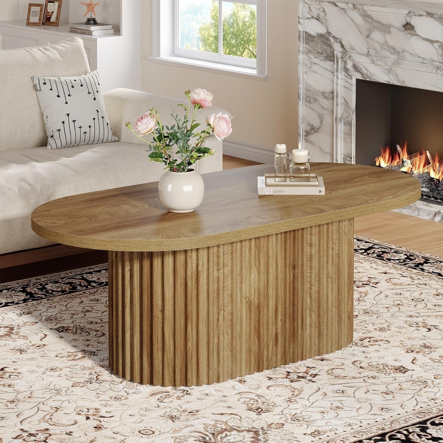 Ovaler 120 cm Couchtisch aus Holz, Rustikaler Sofatisch mit Rillenstruktur