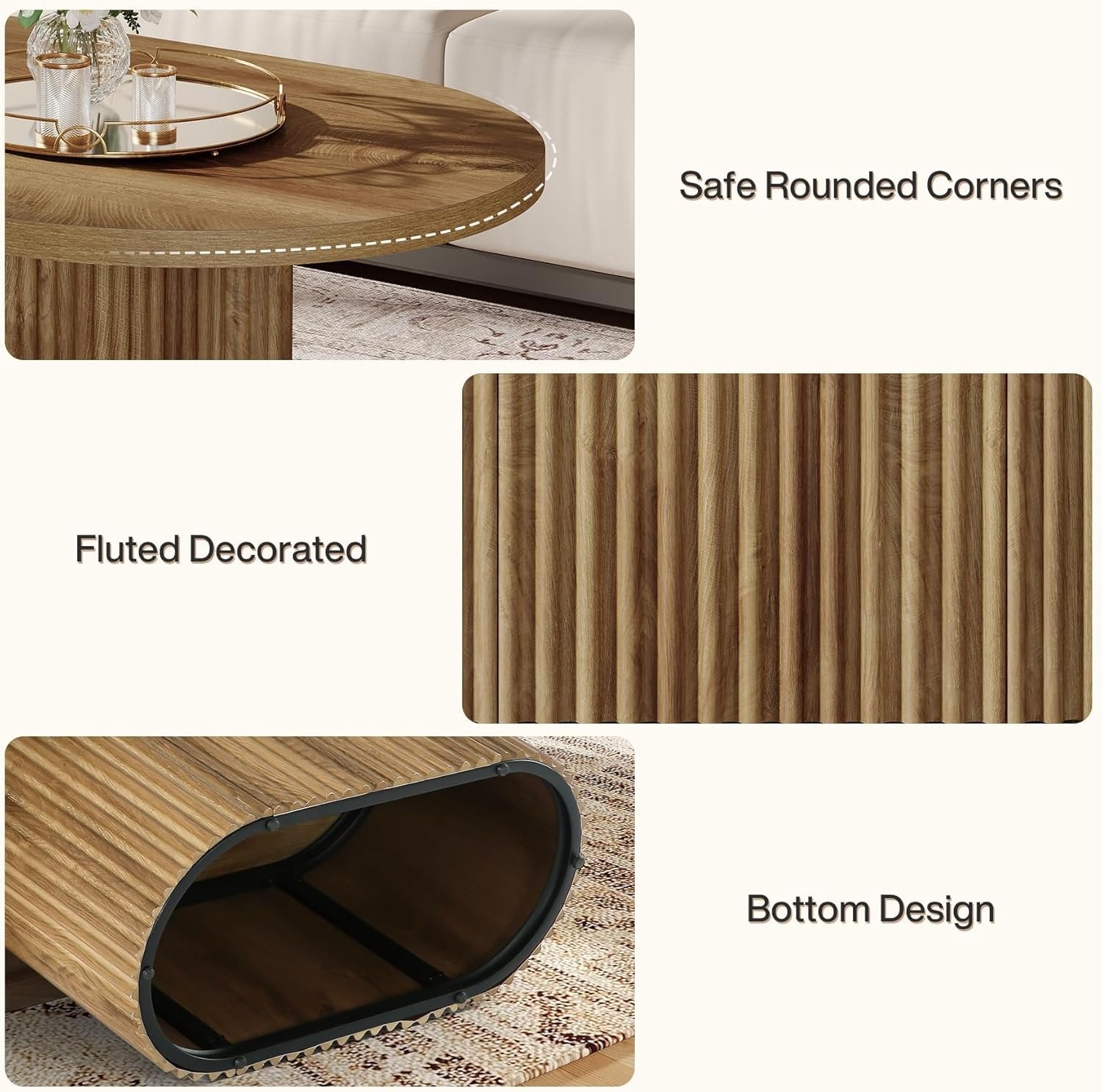 Ovaler 120 cm Couchtisch aus Holz, Rustikaler Sofatisch mit Rillenstruktur