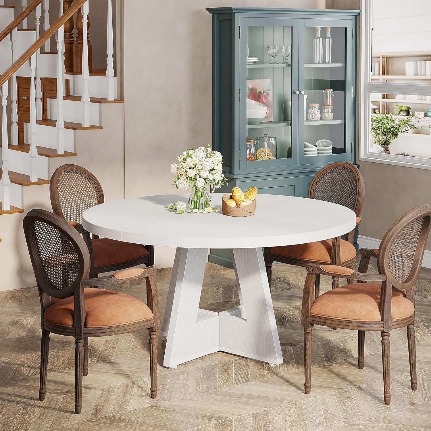 4 Personen Runder Esstisch, 120 cm Bauernhaus Esstisch mit Holztischplatte und Beinen