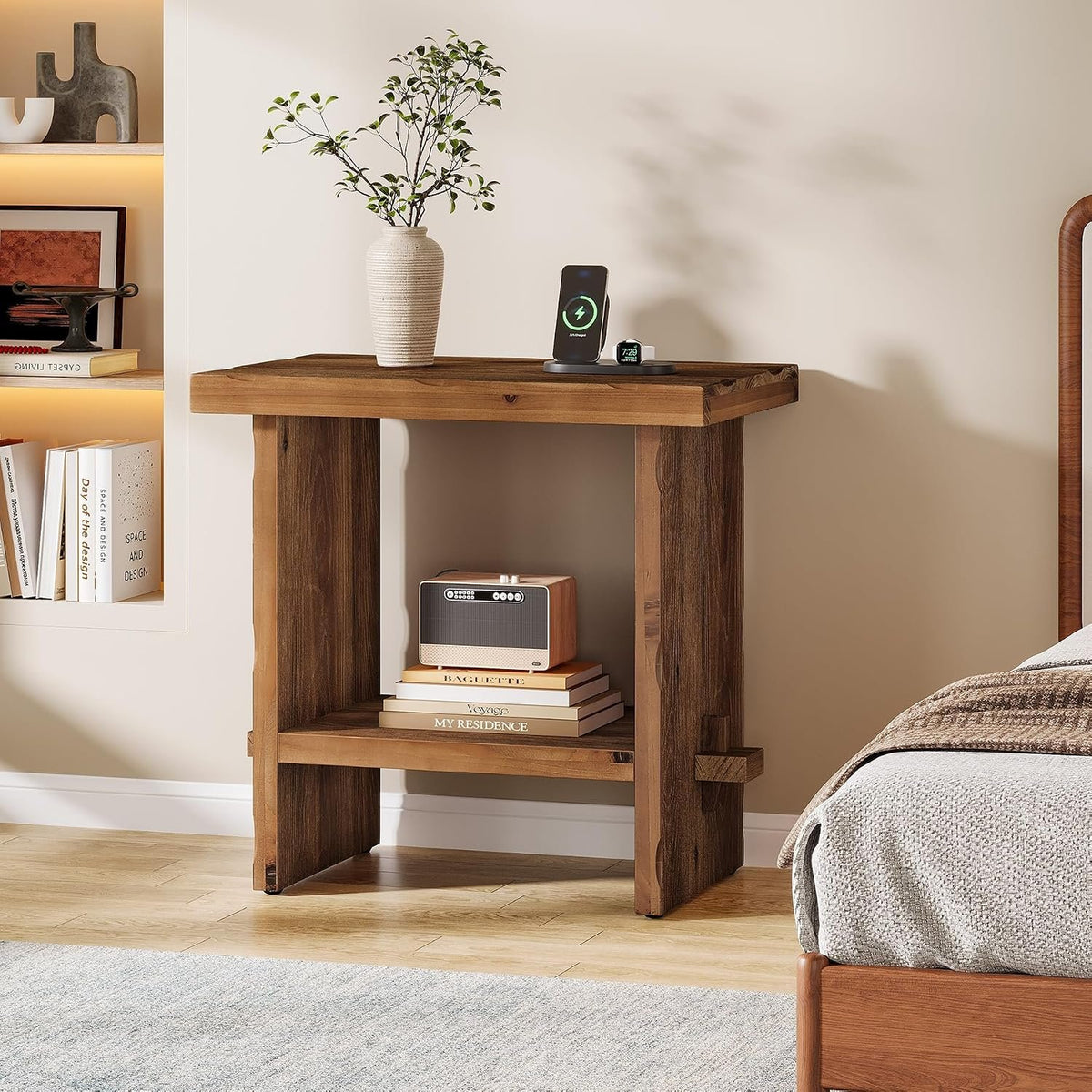 Tribesigns Massivholz Beistelltisch 60 cm hoch mit Ablage im Landhausstil