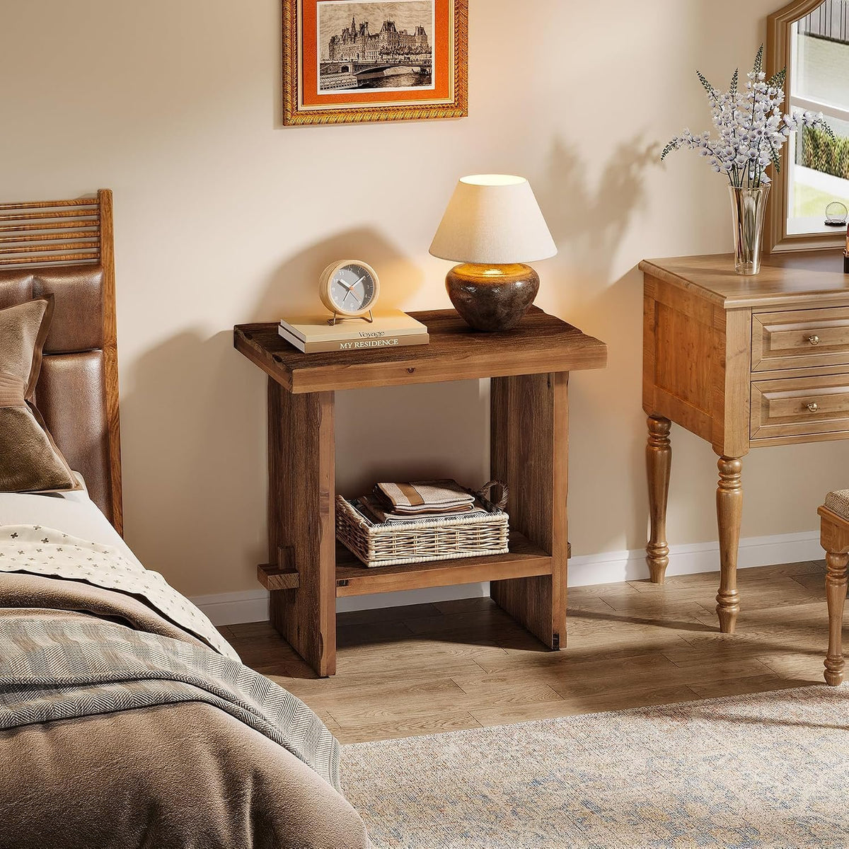 Tribesigns Massivholz Beistelltisch 60 cm hoch mit Ablage im Landhausstil