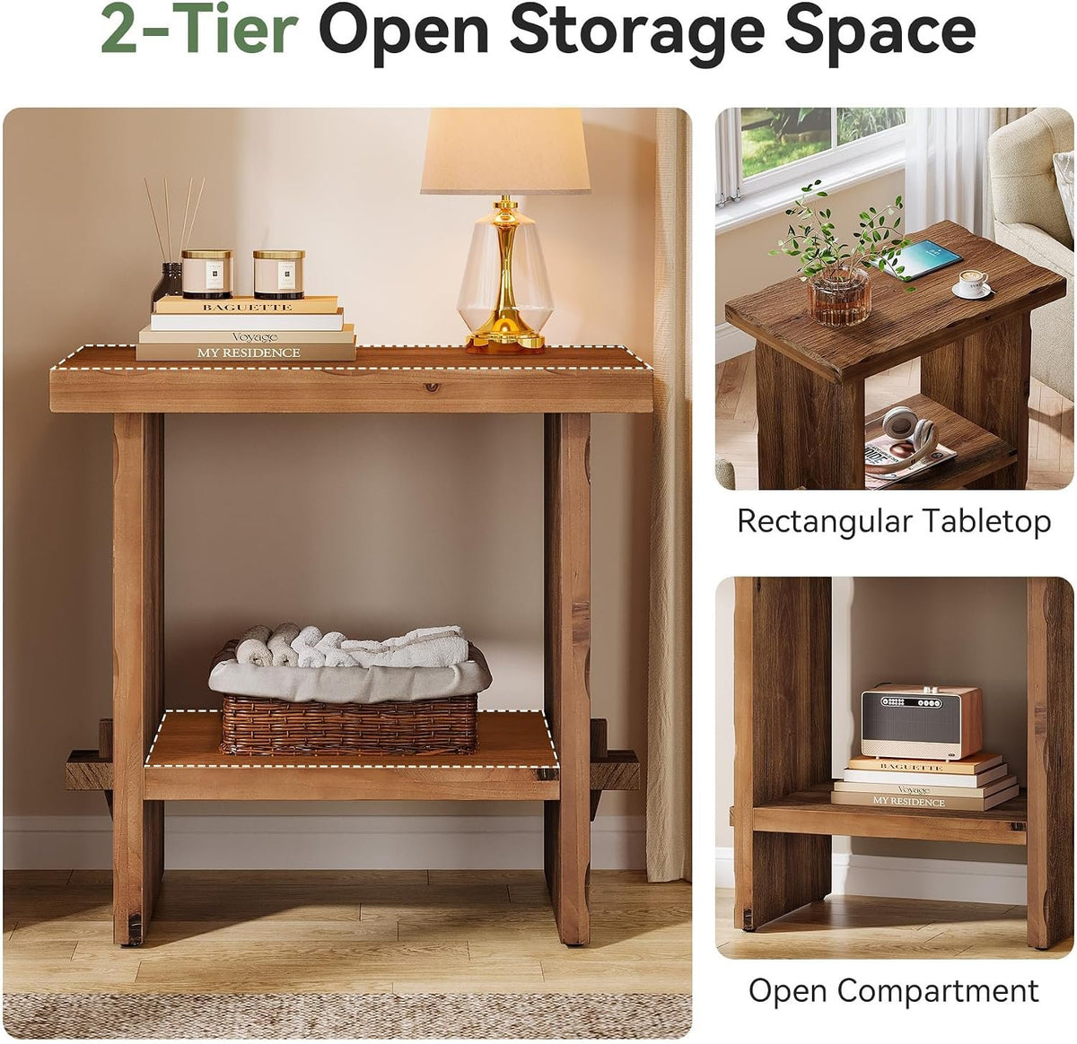Tribesigns Massivholz Beistelltisch 60 cm hoch mit Ablage im Landhausstil
