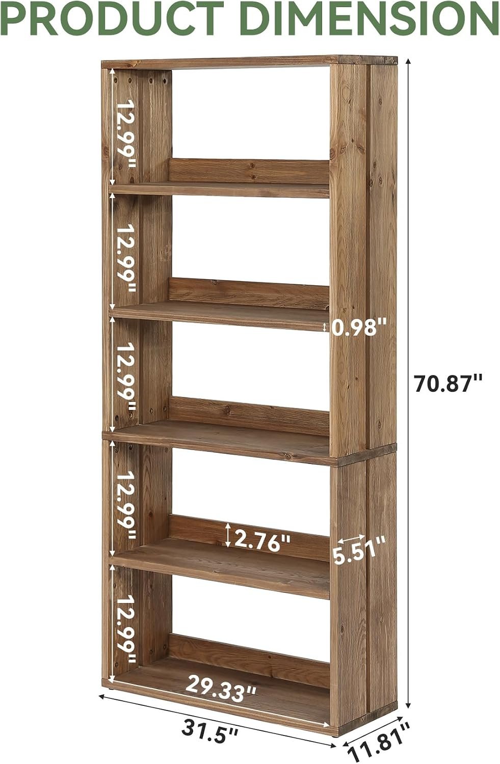 Tribesigns Massivholz Regal 180 cm, Bücherregal mit 5 offenen Ebenen