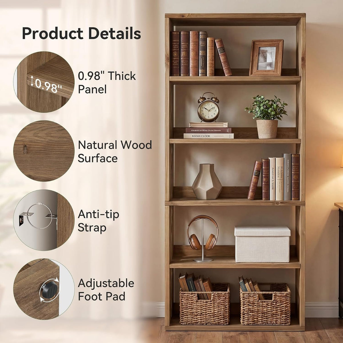 Tribesigns Massivholz Regal 180 cm, Bücherregal mit 5 offenen Ebenen