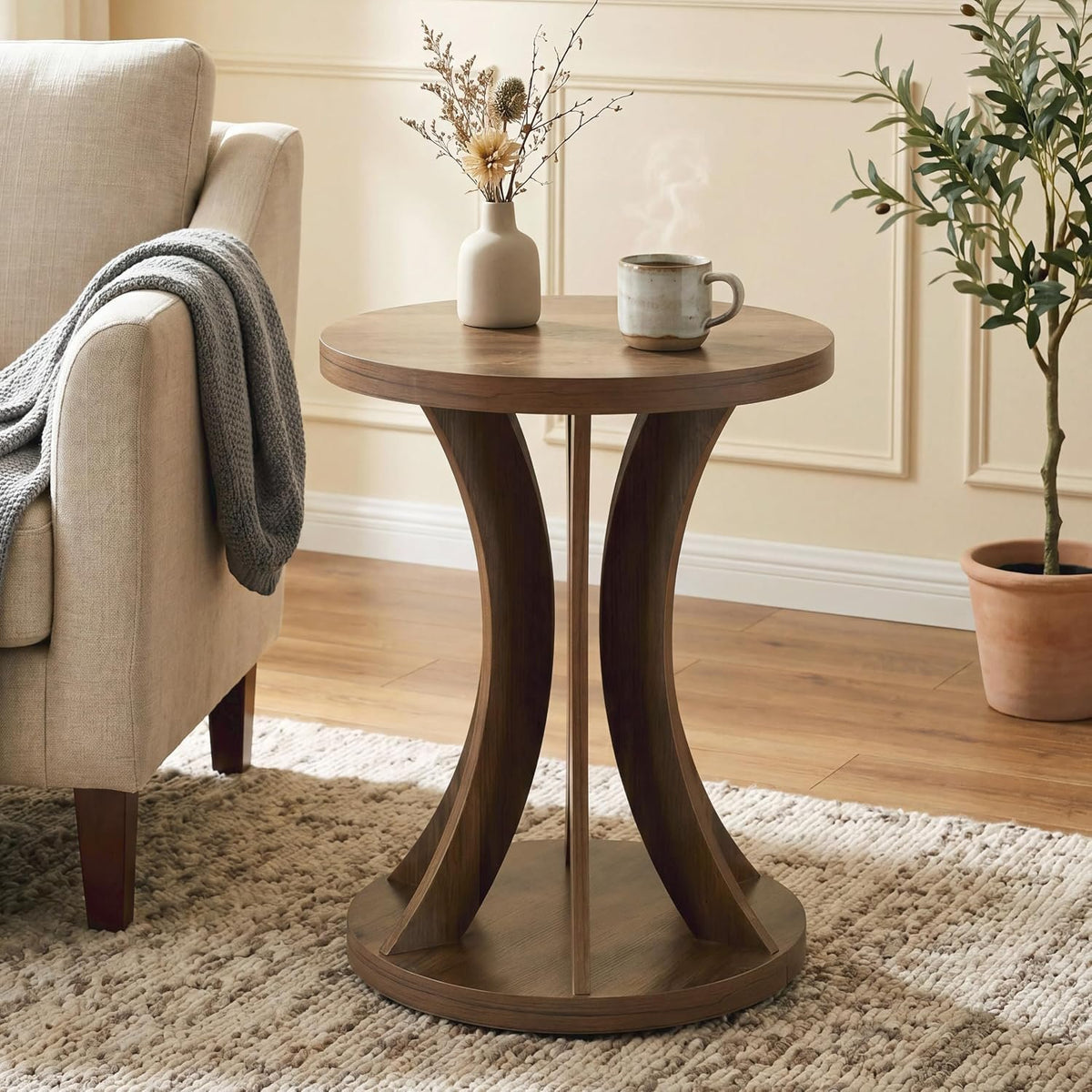 Tribesigns Runder Beistelltisch 45 cm mit 2 Ablagen, platzsparend im Landhausstil