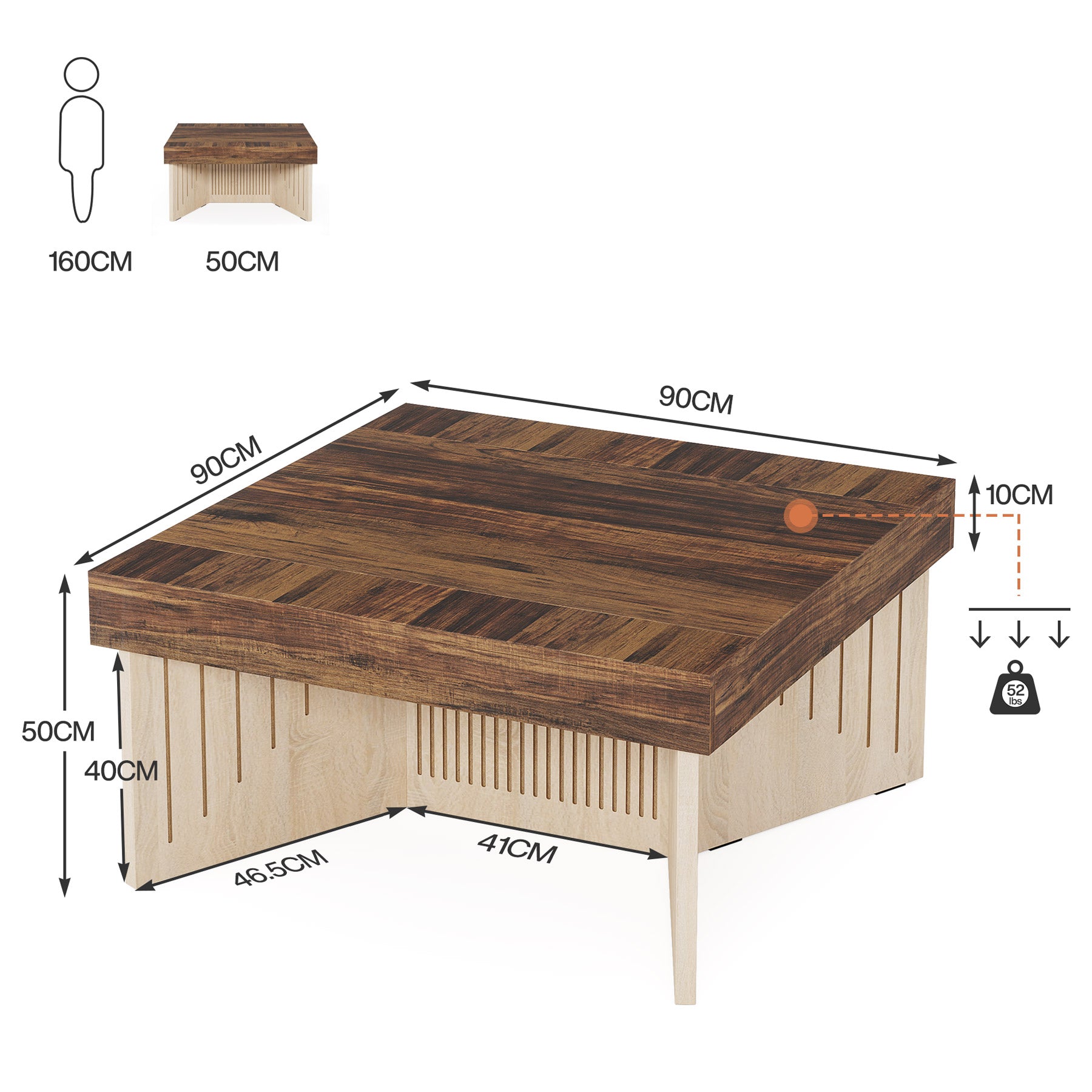 90cm Couchtisch, quadratischer Holz-Mitteltisch mit eingraviertem Liniendesign