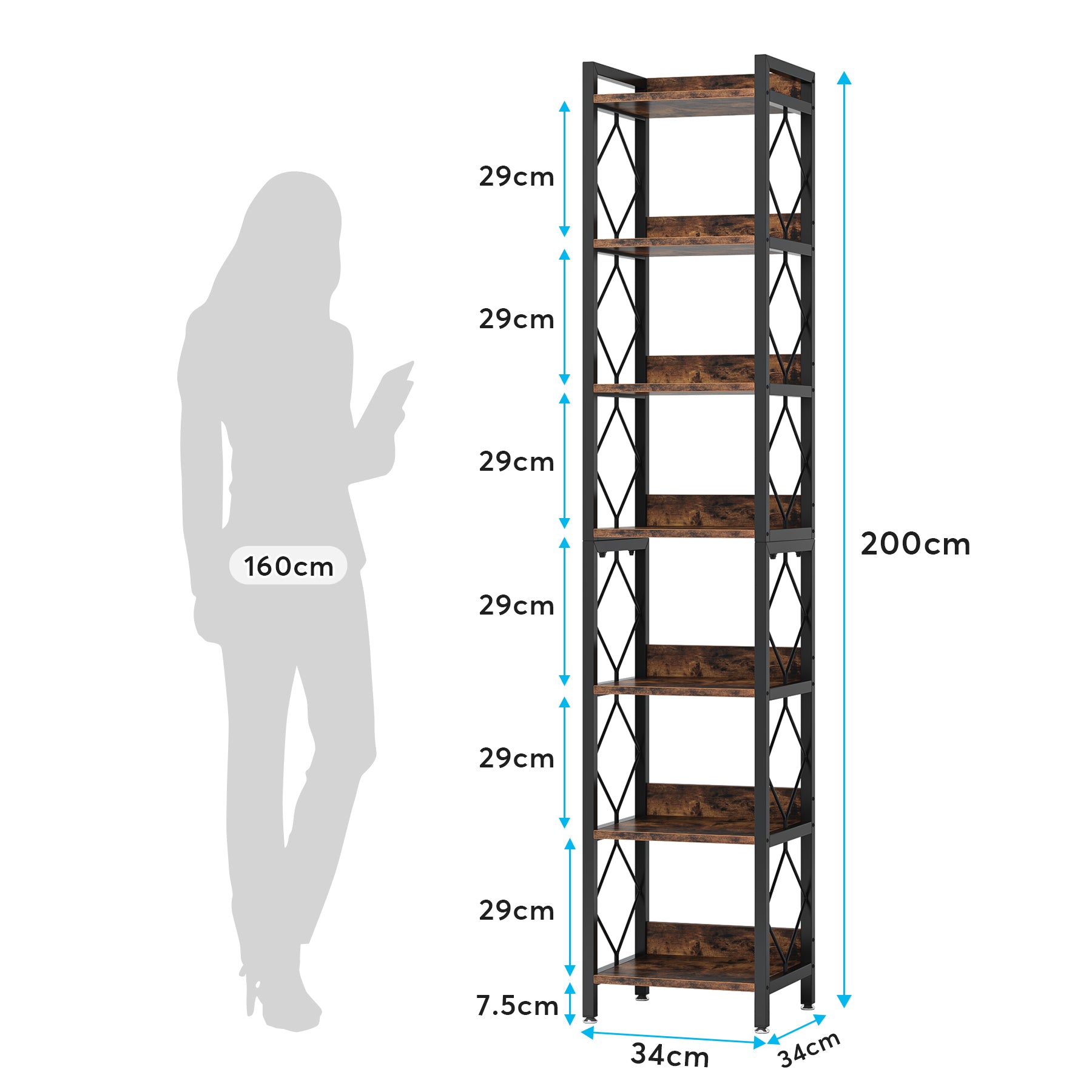 Schwarz 7-stöckiges schmales Bücherregal, freistehendes Präsentationsregal