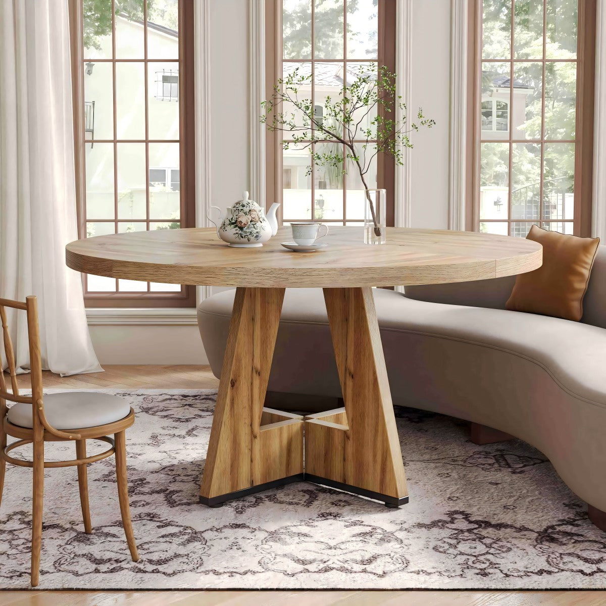 4 Personen Runder Esstisch, 120 cm Bauernhaus Esstisch mit Holztischplatte und Beinen