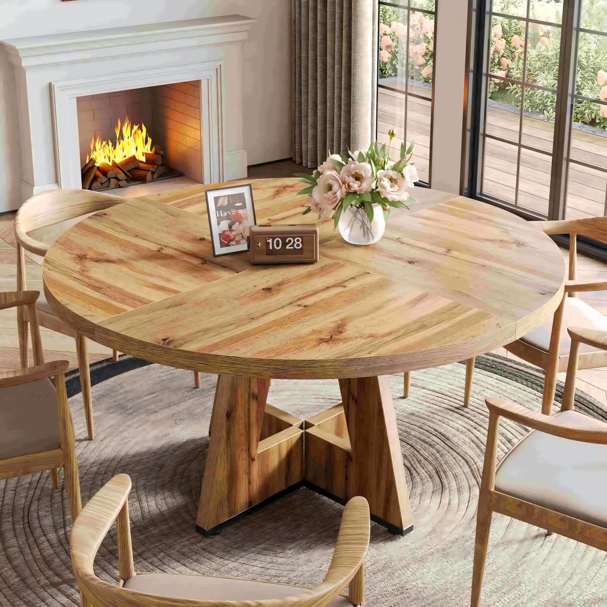 4 Personen Runder Esstisch, 120 cm Bauernhaus Esstisch mit Holztischplatte und Beinen