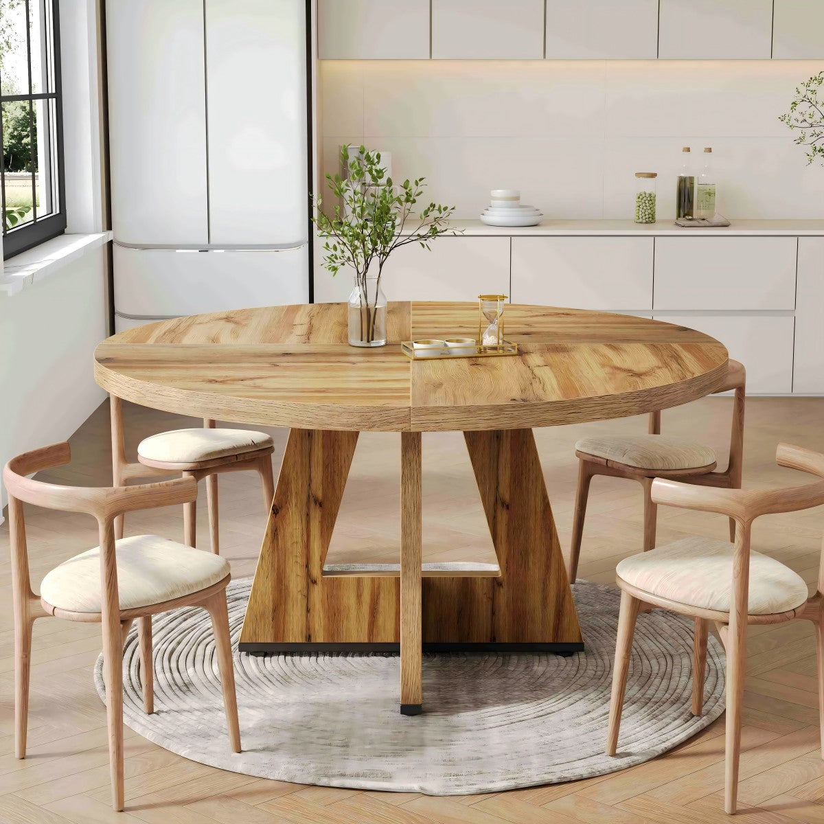 4 Personen Runder Esstisch, 120 cm Bauernhaus Esstisch mit Holztischplatte und Beinen