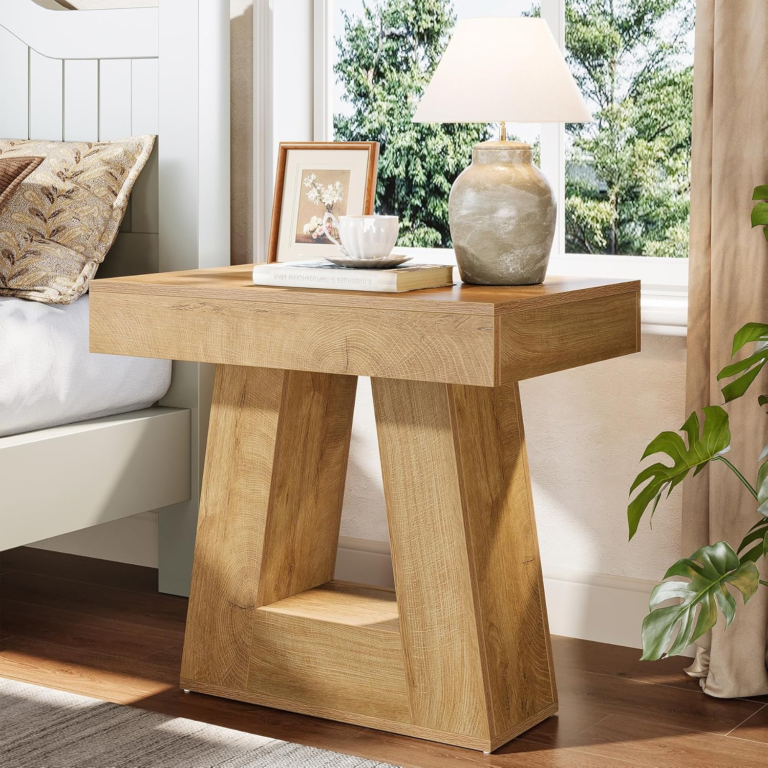 Moderner 2-ebiger Nachttisch mit Trapezfuß,Natürliche Holzoptik