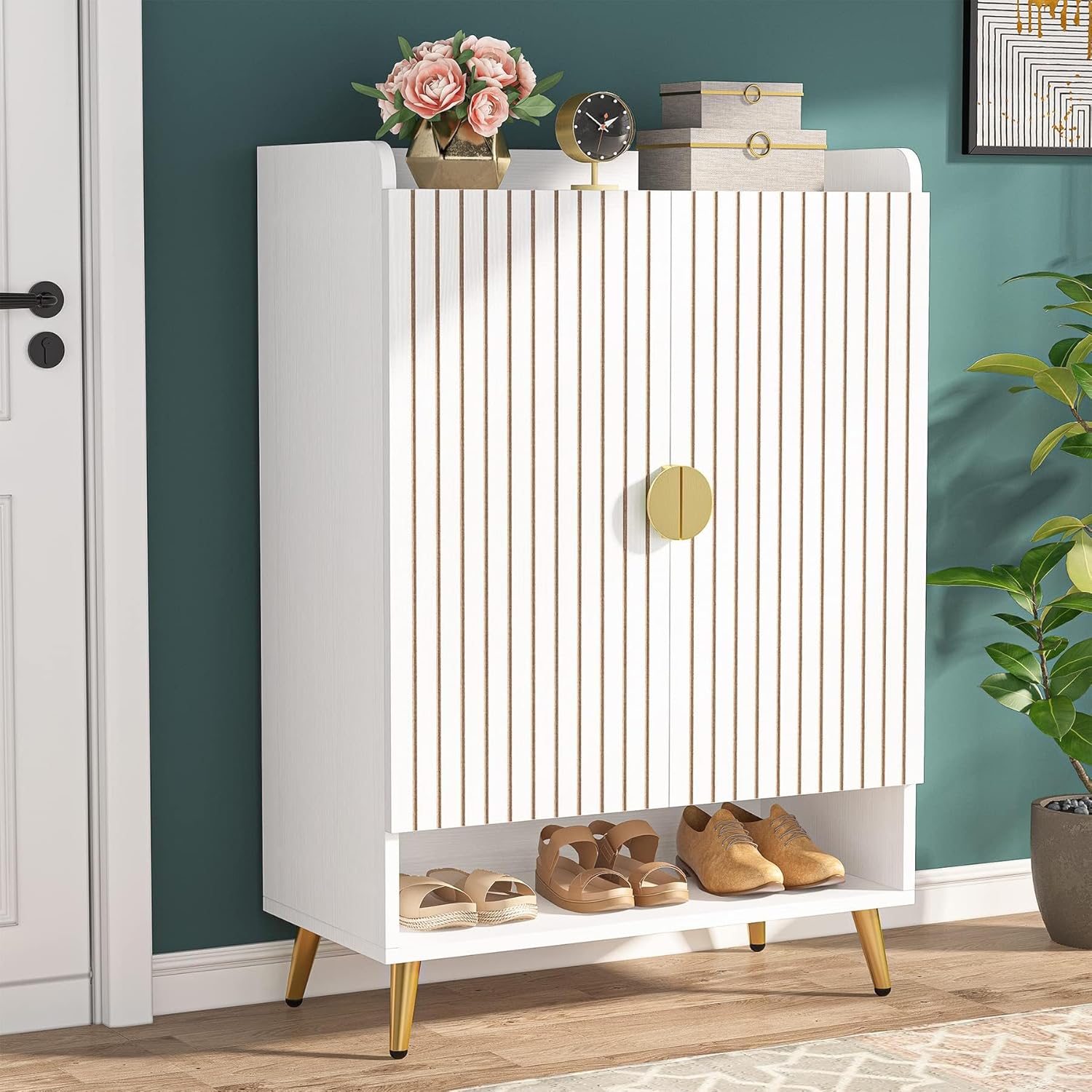 Moderner Schuhschrank mit 2 Türen - Goldener Metallrahmen