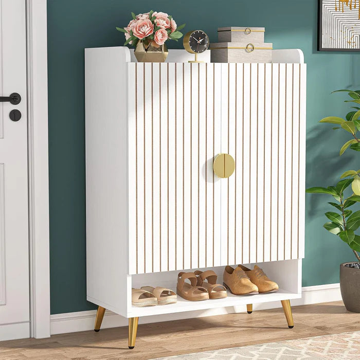 Moderner Schuhschrank mit 2 Türen - Goldener Metallrahmen