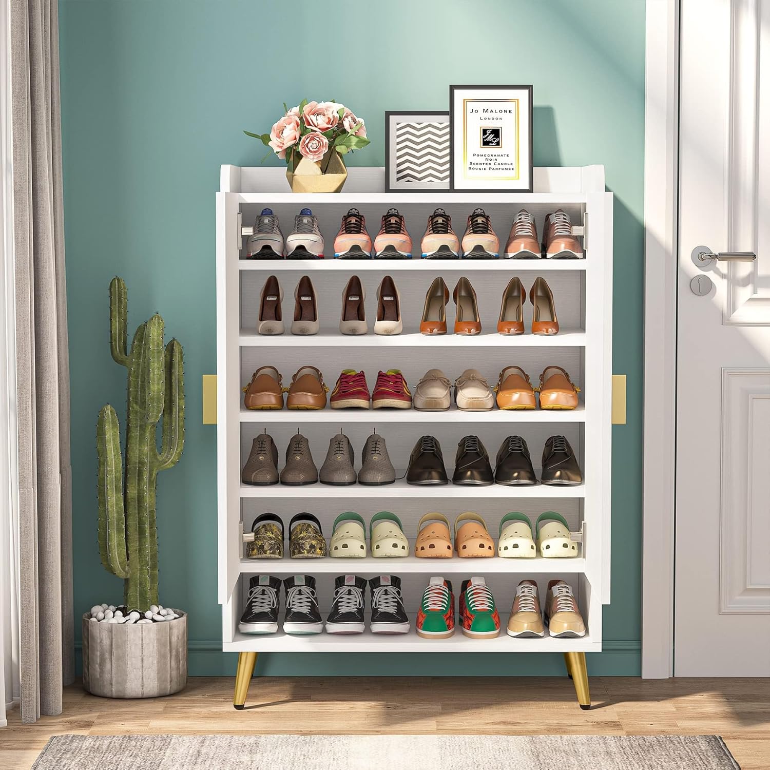 Moderner Schuhschrank mit 2 Türen - Goldener Metallrahmen