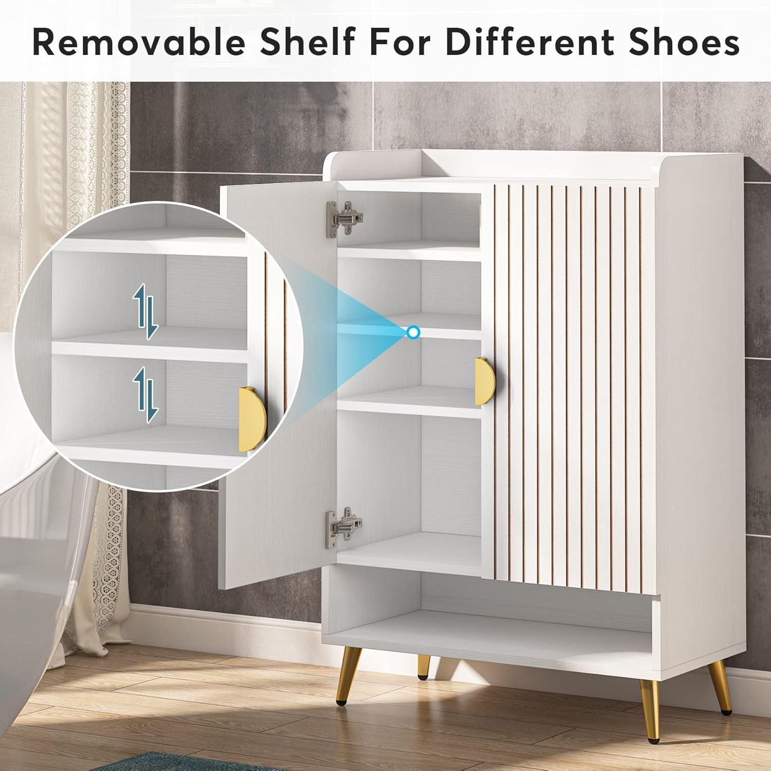 Moderner Schuhschrank mit 2 Türen - Goldener Metallrahmen