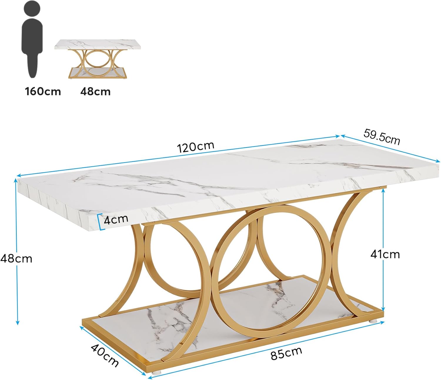 Rechteckiger Couchtisch, 120cm Mitteltisch mit Kunstmarmorplatte
