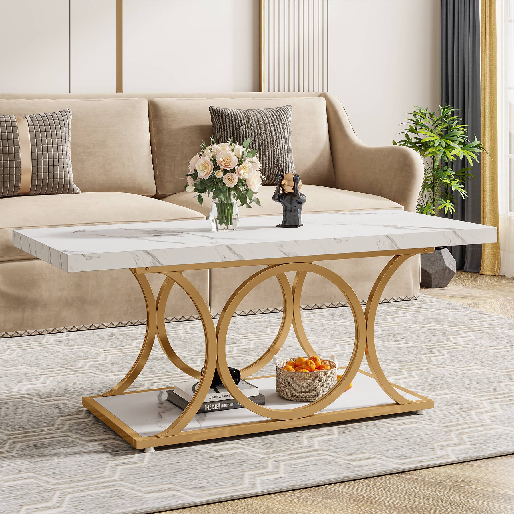 Rechteckiger Couchtisch, 120cm Mitteltisch mit Kunstmarmorplatte