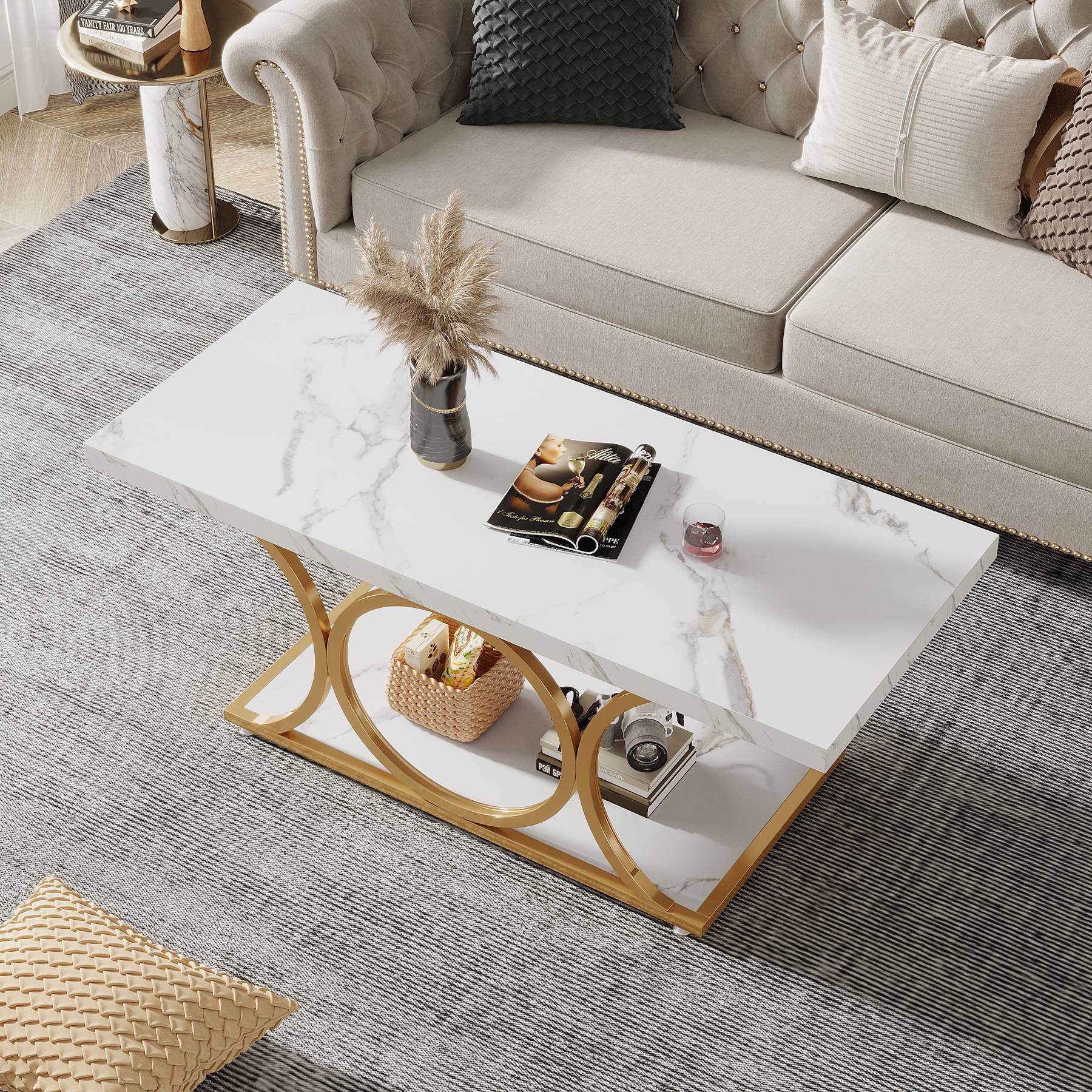 Rechteckiger Couchtisch, 120cm Mitteltisch mit Kunstmarmorplatte
