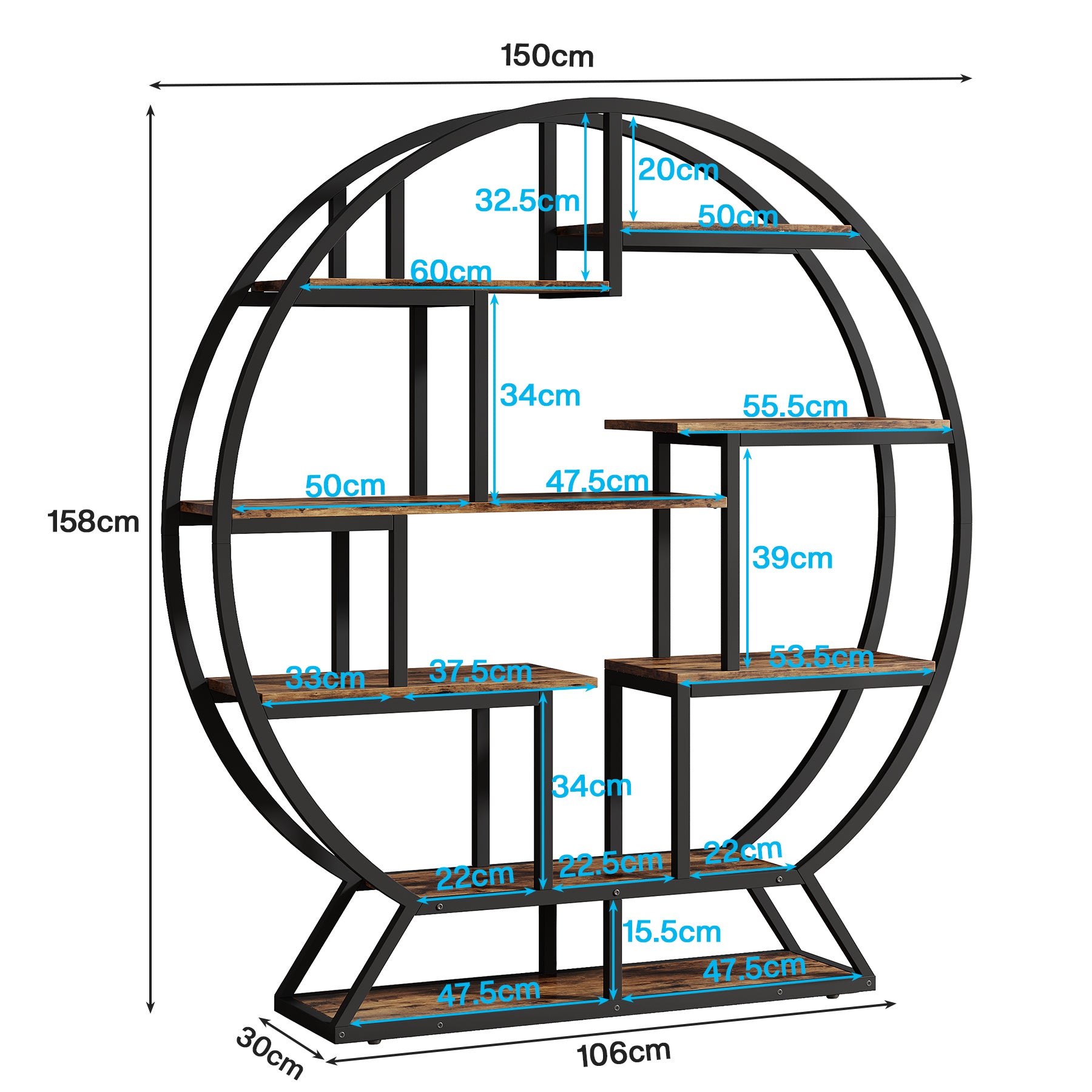 Rundes Bücherregal, 150cm Etagere-Bücherregal mit versetzten Regalen