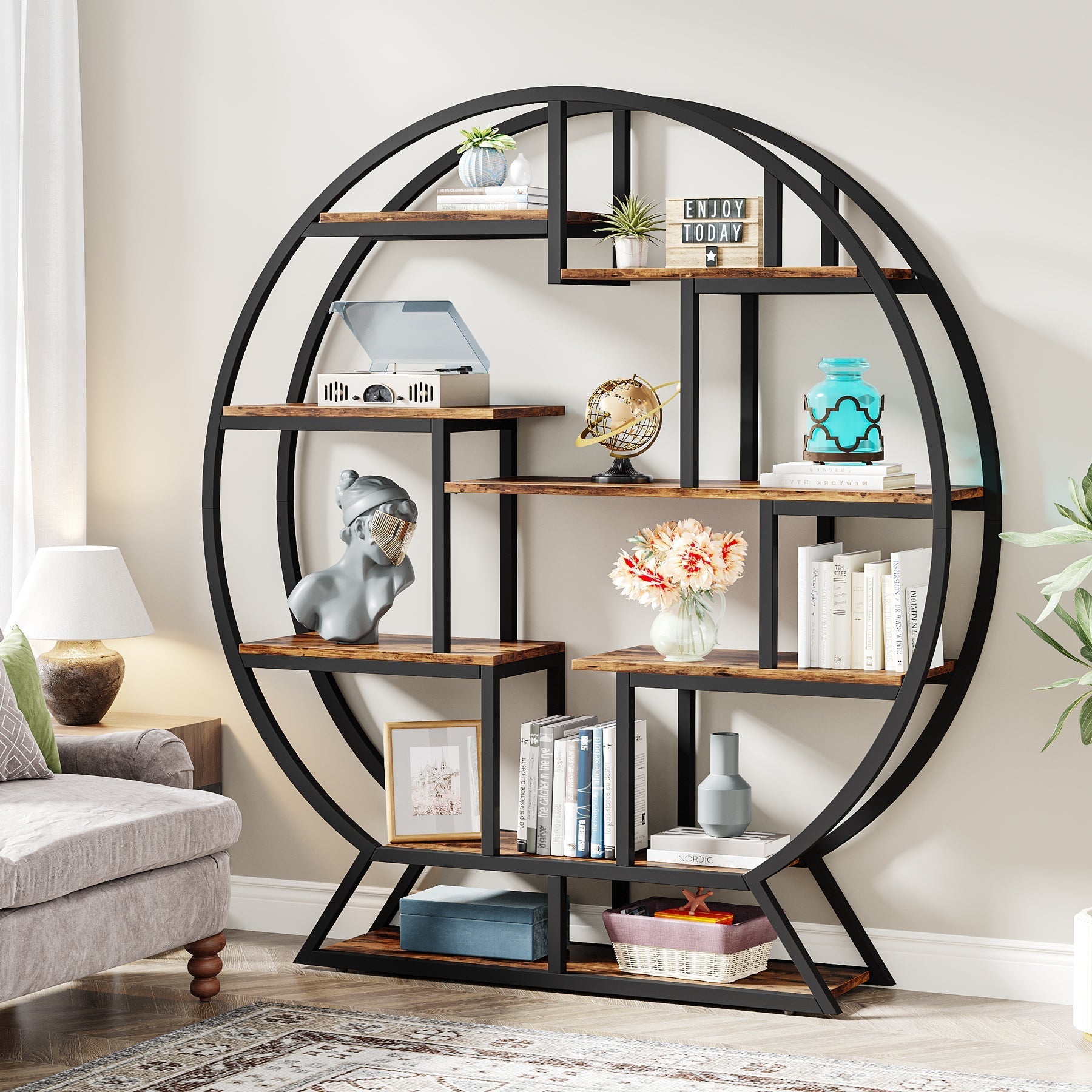 Rundes Bücherregal, 150cm Etagere-Bücherregal mit versetzten Regalen
