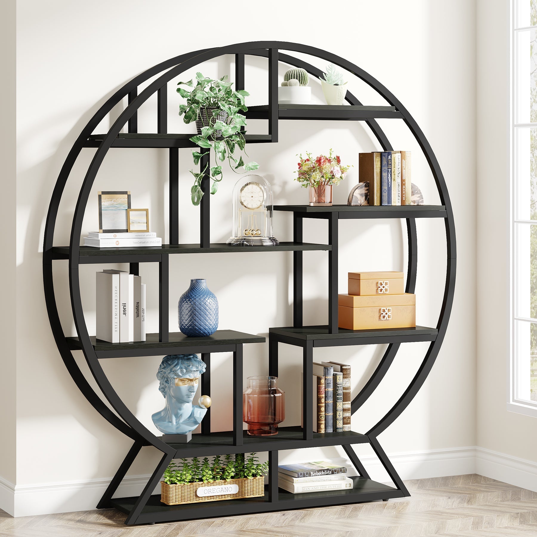 Rundes Bücherregal, 150cm Etagere-Bücherregal mit versetzten Regalen