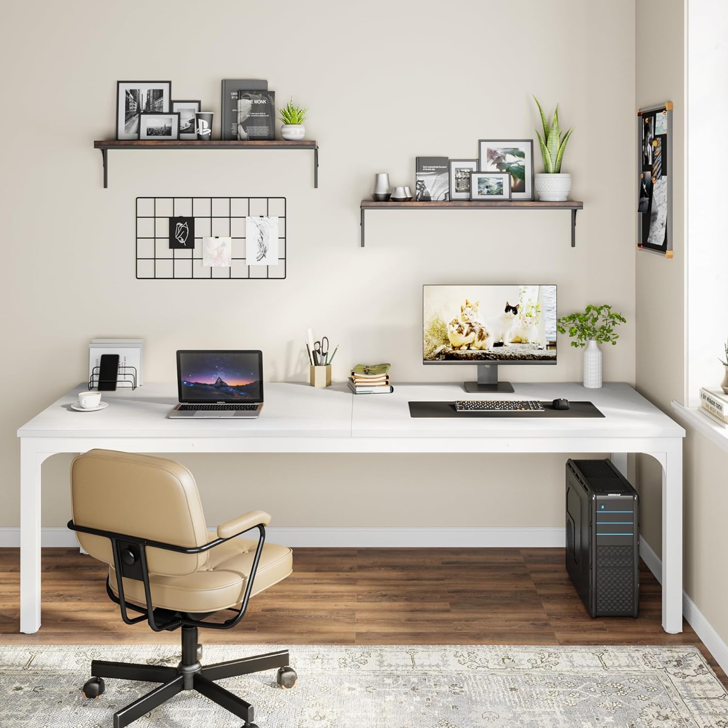Schreibtisch - Doppelter Computer-Schreibtisch, Bürotisch, Arbeitstisch Weiß