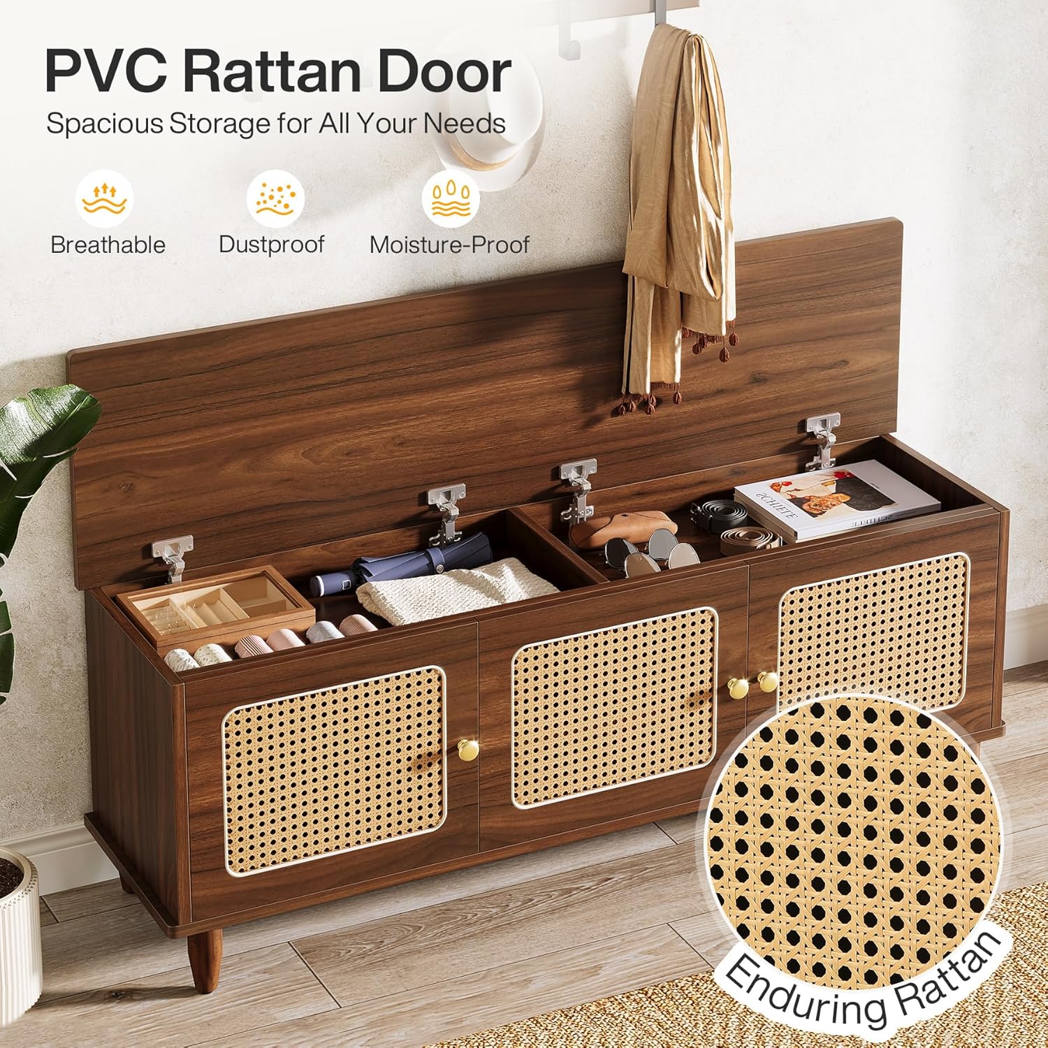 Schuhbank mit Klappsitz - 140 cm großer Schuhschrank mit Rattantüren & Stauraum