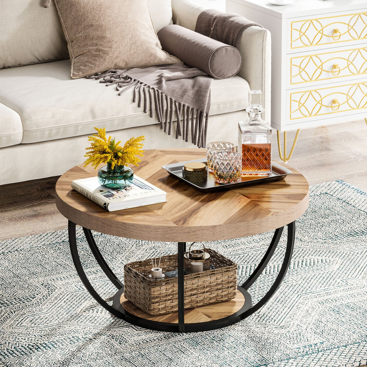 Runder Couchtisch 80 cm mit 2 Ablagen, Industrial Wohnzimmertisch, Mod