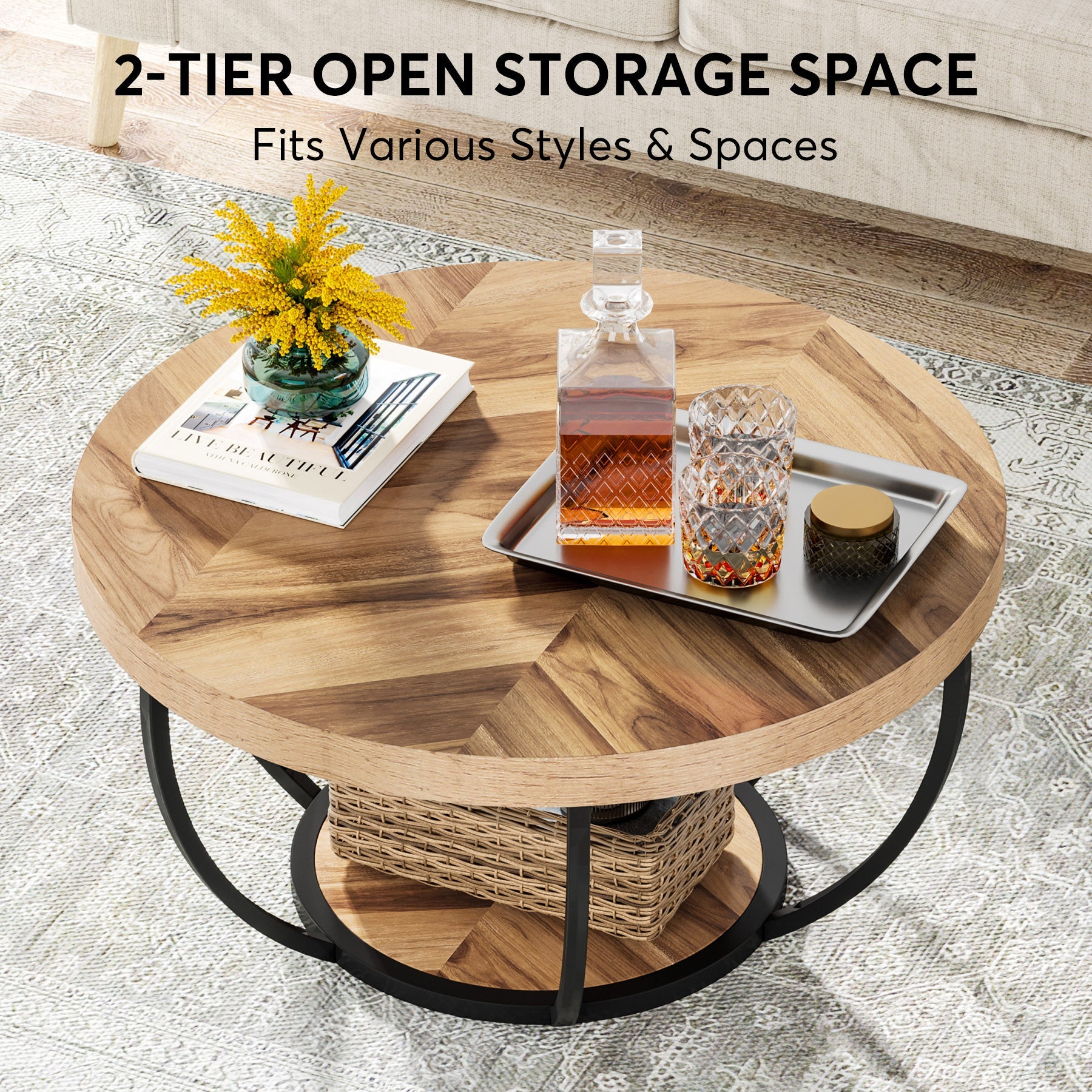Tribesigns Couchtisch aus Holz, runder zentraler Cocktailtisch mit zwei Ebenen
