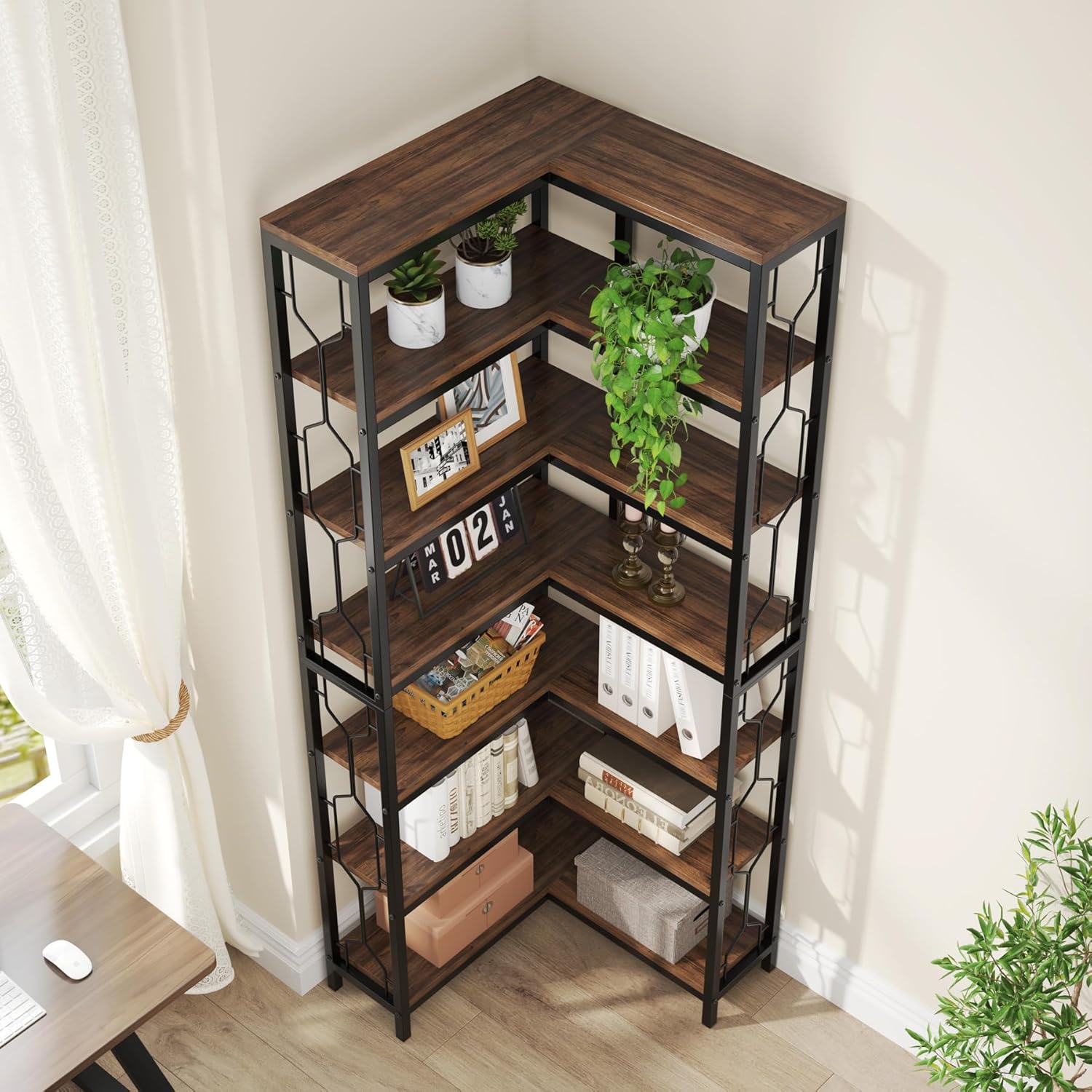 Freistehendes Bücherregal von Tribesigns, Eckregal aus Holz mit 7 Ebenen
