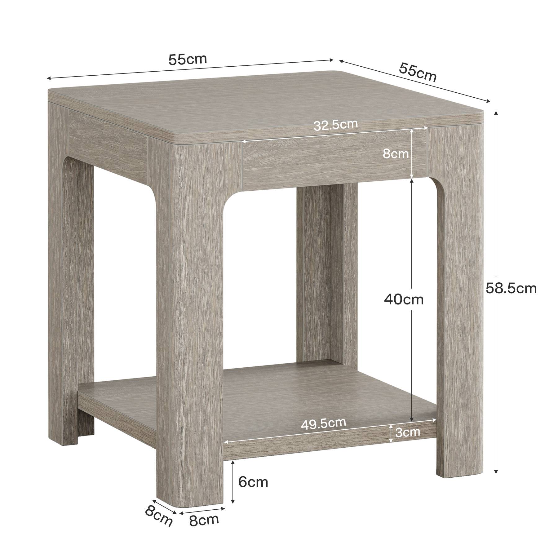 55 cm Beistelltisch, quadratischer Nachttisch mit zwei Ebenen und Ablagefläche