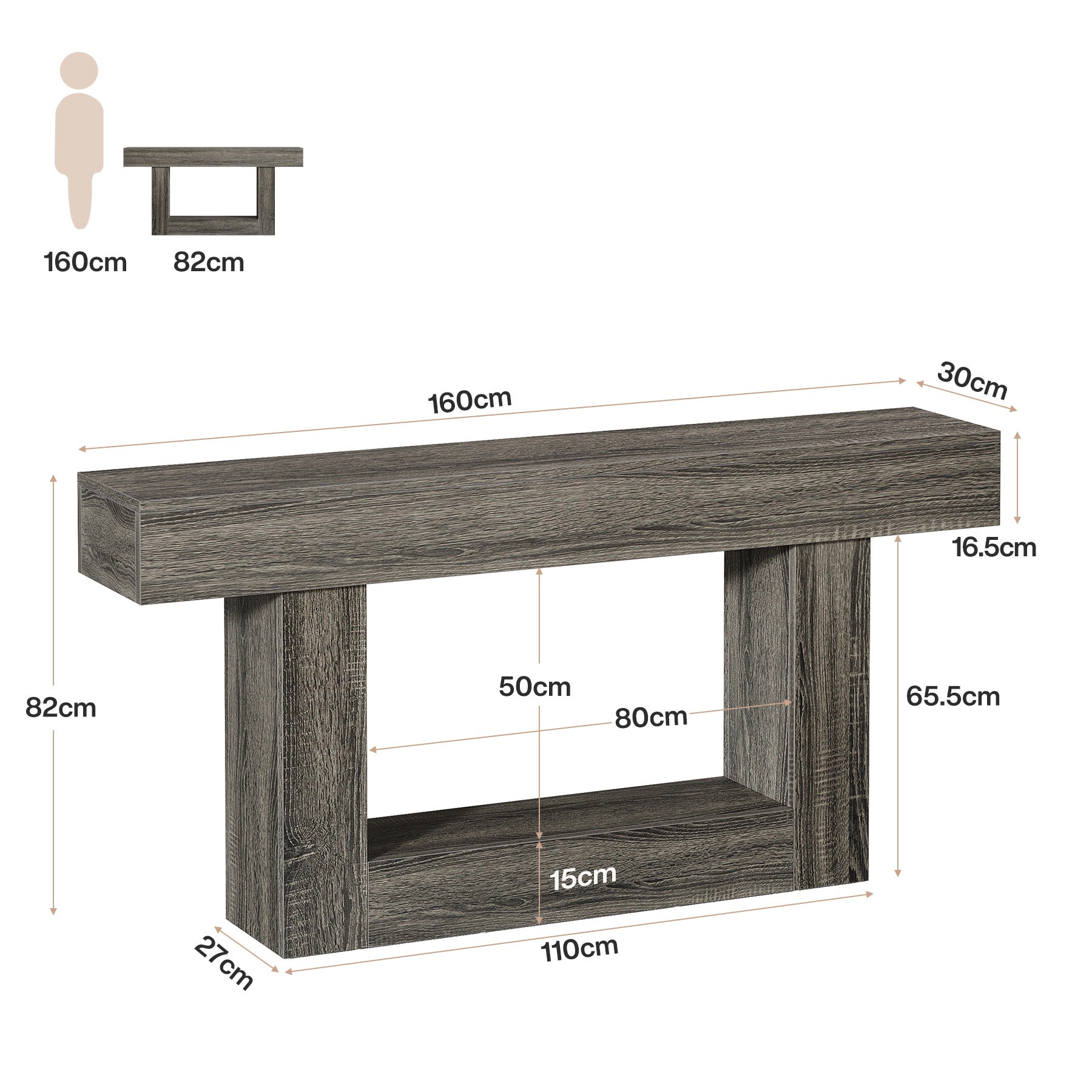 160 cm Konsolentisch, Bauernhaus-Sofatisch mit 2 Ebenen, Eingangstisch